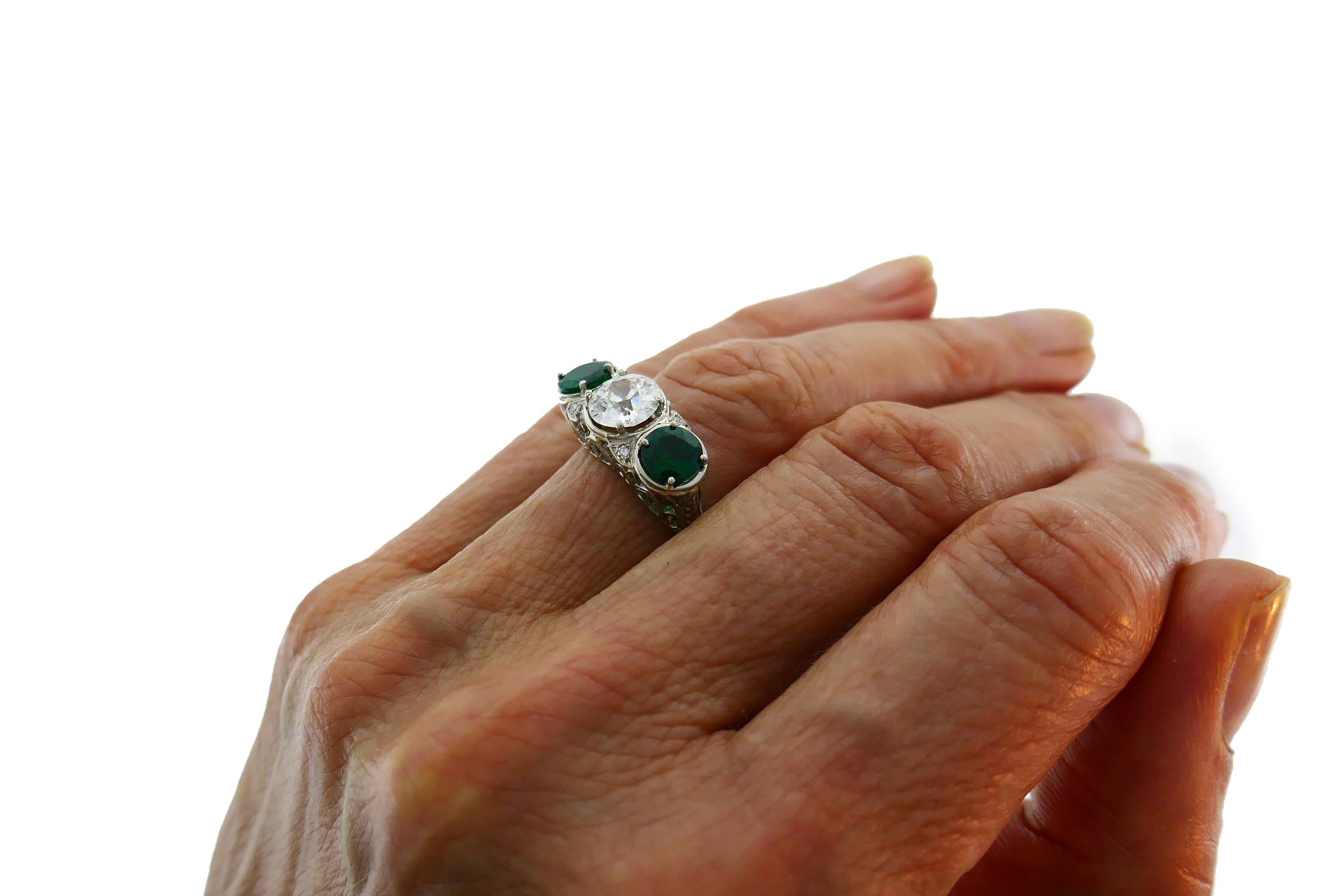 Art Deco Emerald Diamond Platinum Three-Stone Ring For Sale 5