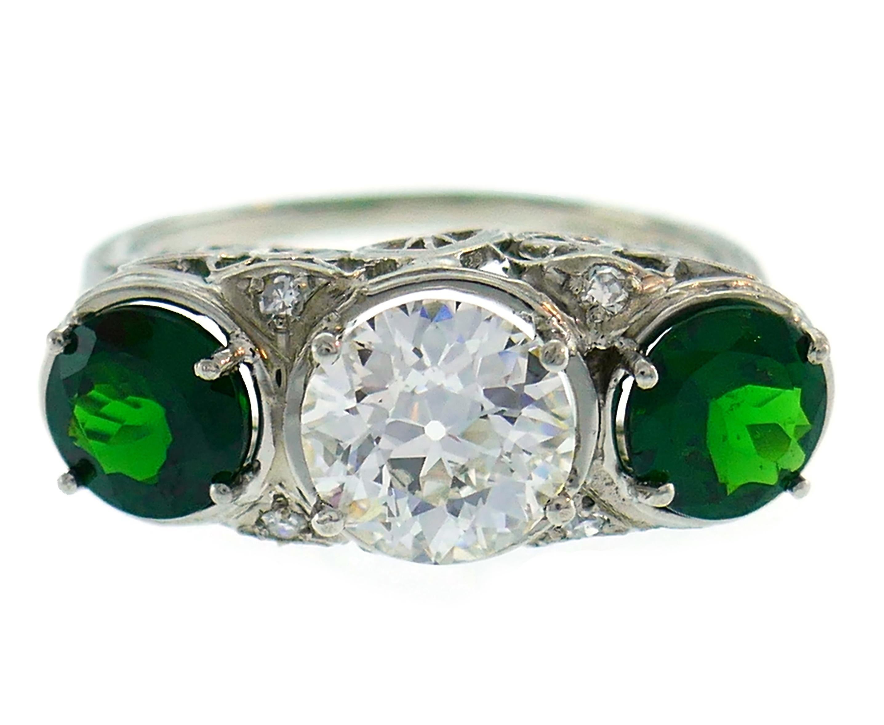 Art Deco Emerald Diamond Platinum Three-Stone Ring For Sale 6