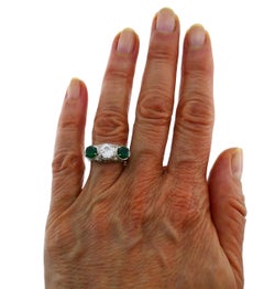 Art Deco Emerald Diamond Platinum Three-Stone Ring