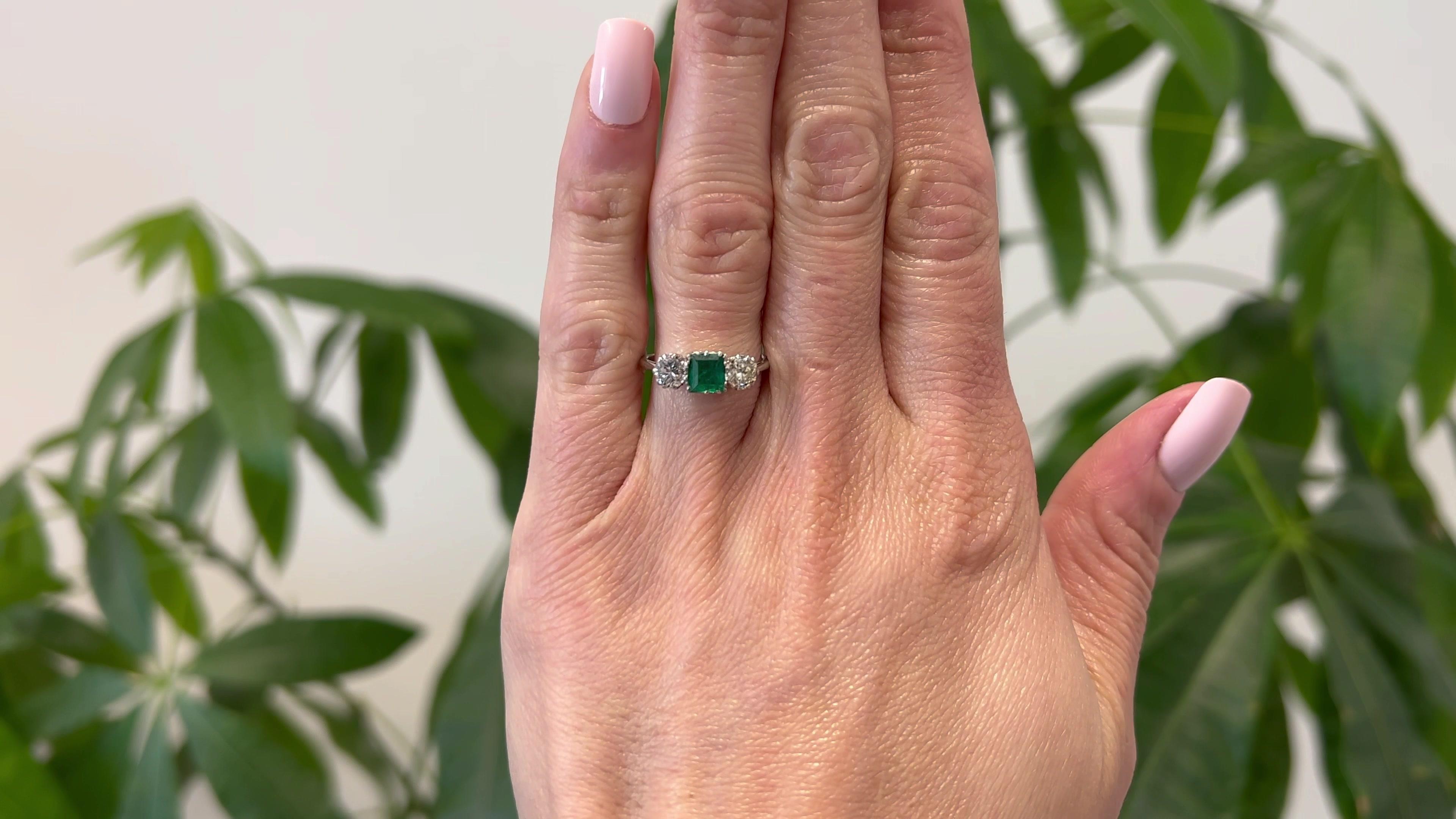 Old European Cut Art Deco Emerald Diamond Platinum Three Stone Ring