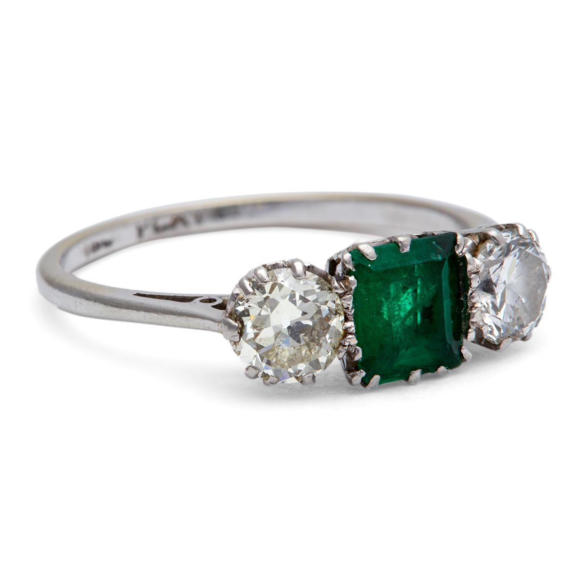 Women's or Men's Art Deco Emerald Diamond Platinum Three Stone Ring