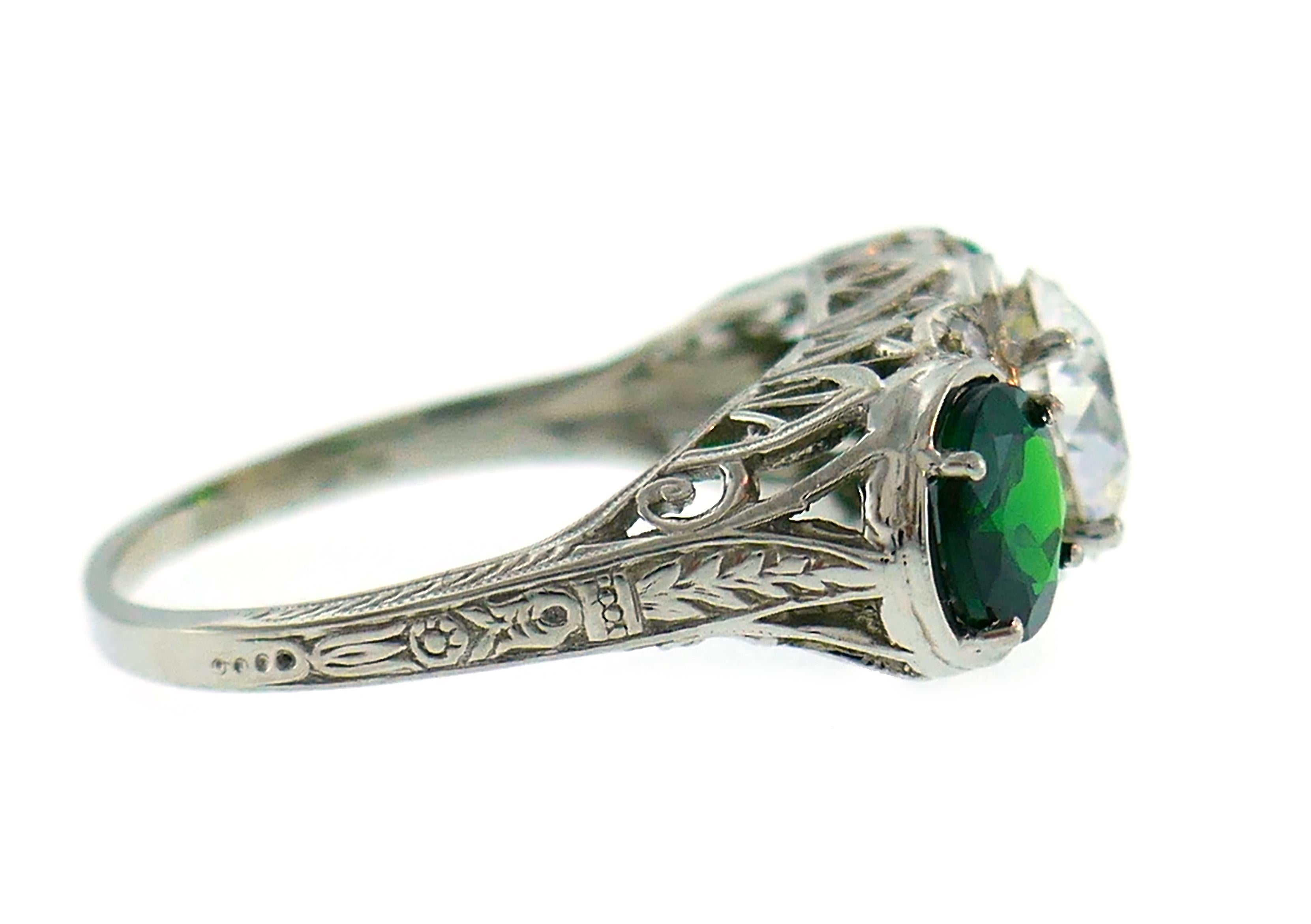 Women's or Men's Art Deco Emerald Diamond Platinum Three-Stone Ring For Sale