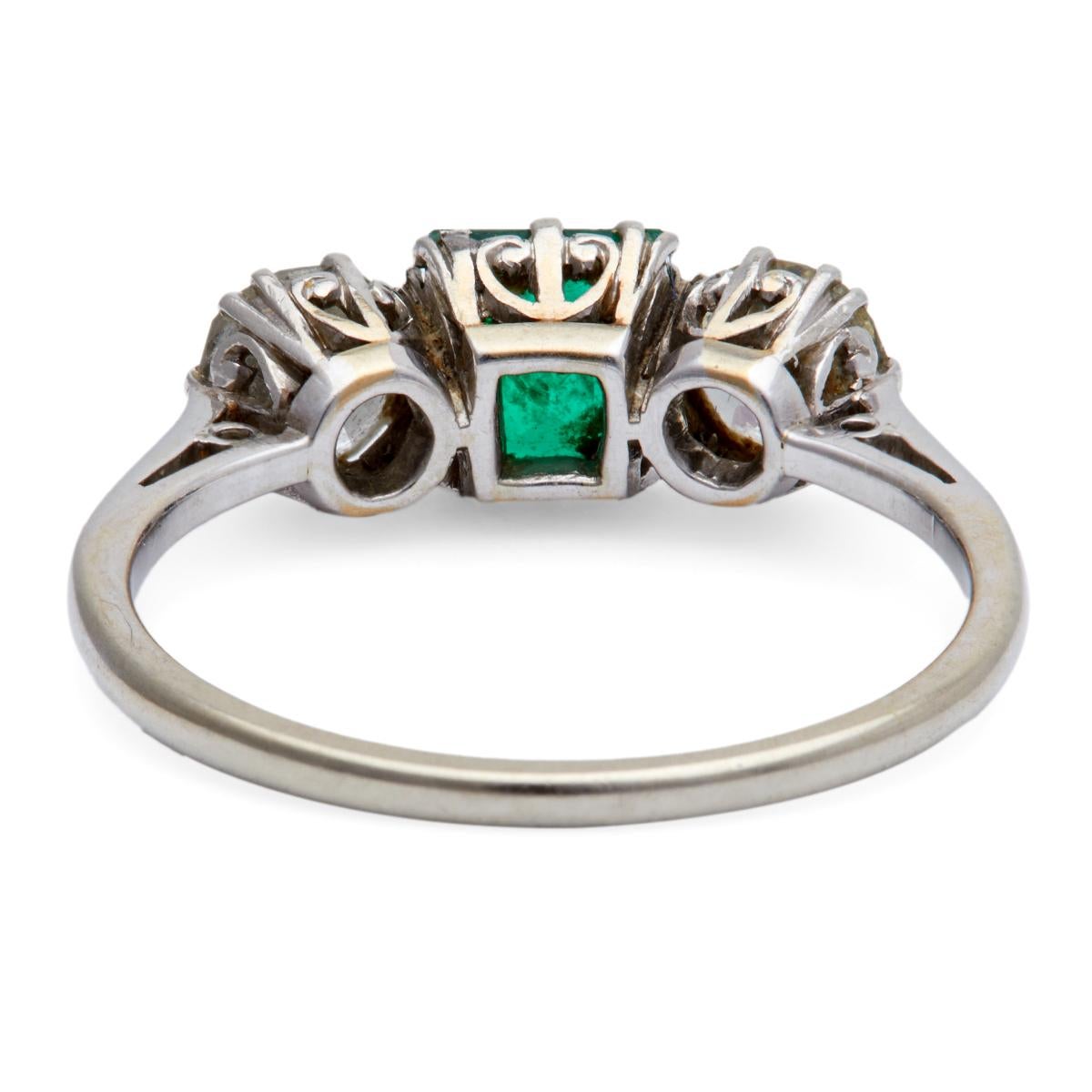 Art Deco Emerald Diamond Platinum Three Stone Ring 1