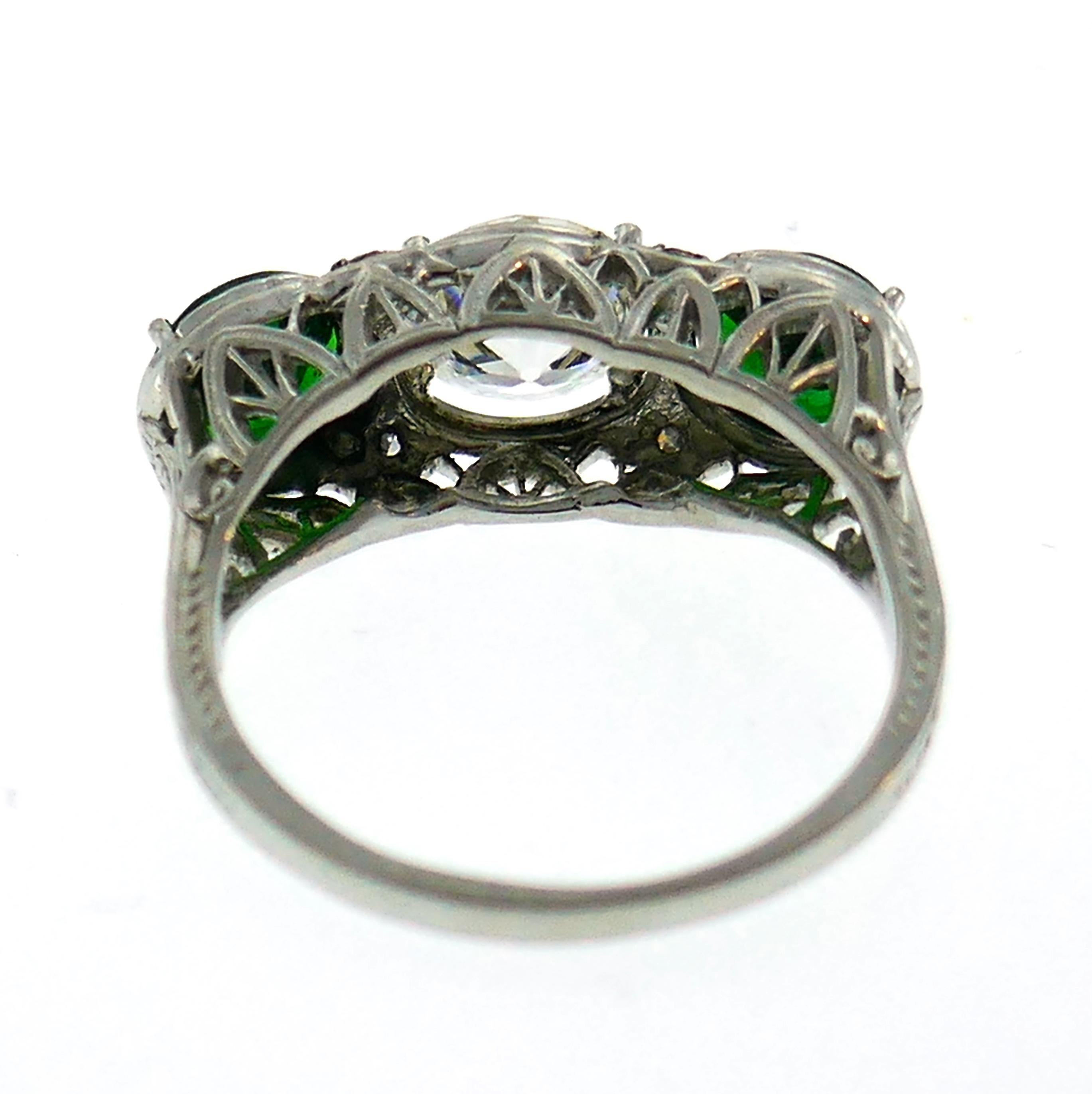 Art Deco Emerald Diamond Platinum Three-Stone Ring For Sale 1