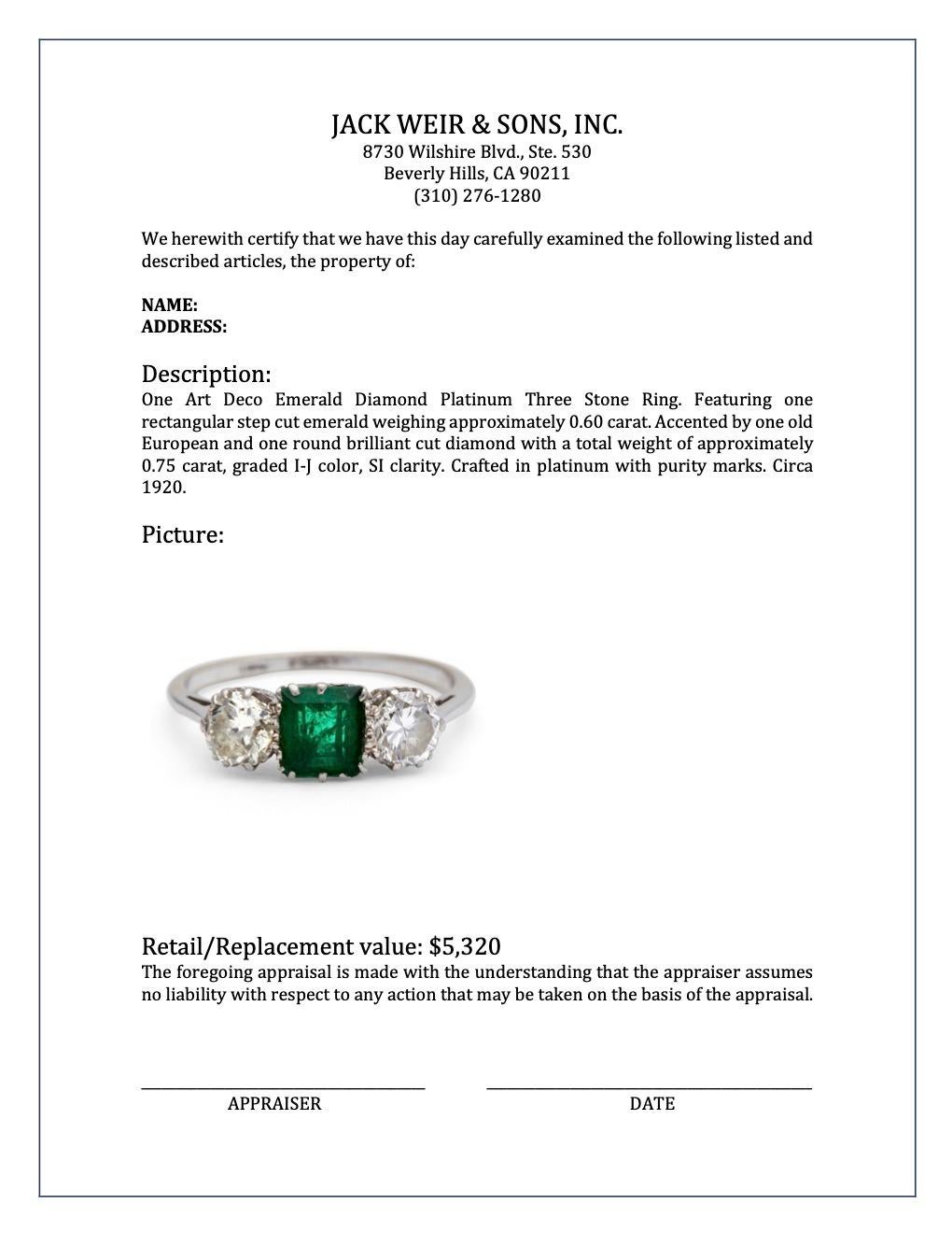 Art Deco Emerald Diamond Platinum Three Stone Ring 2