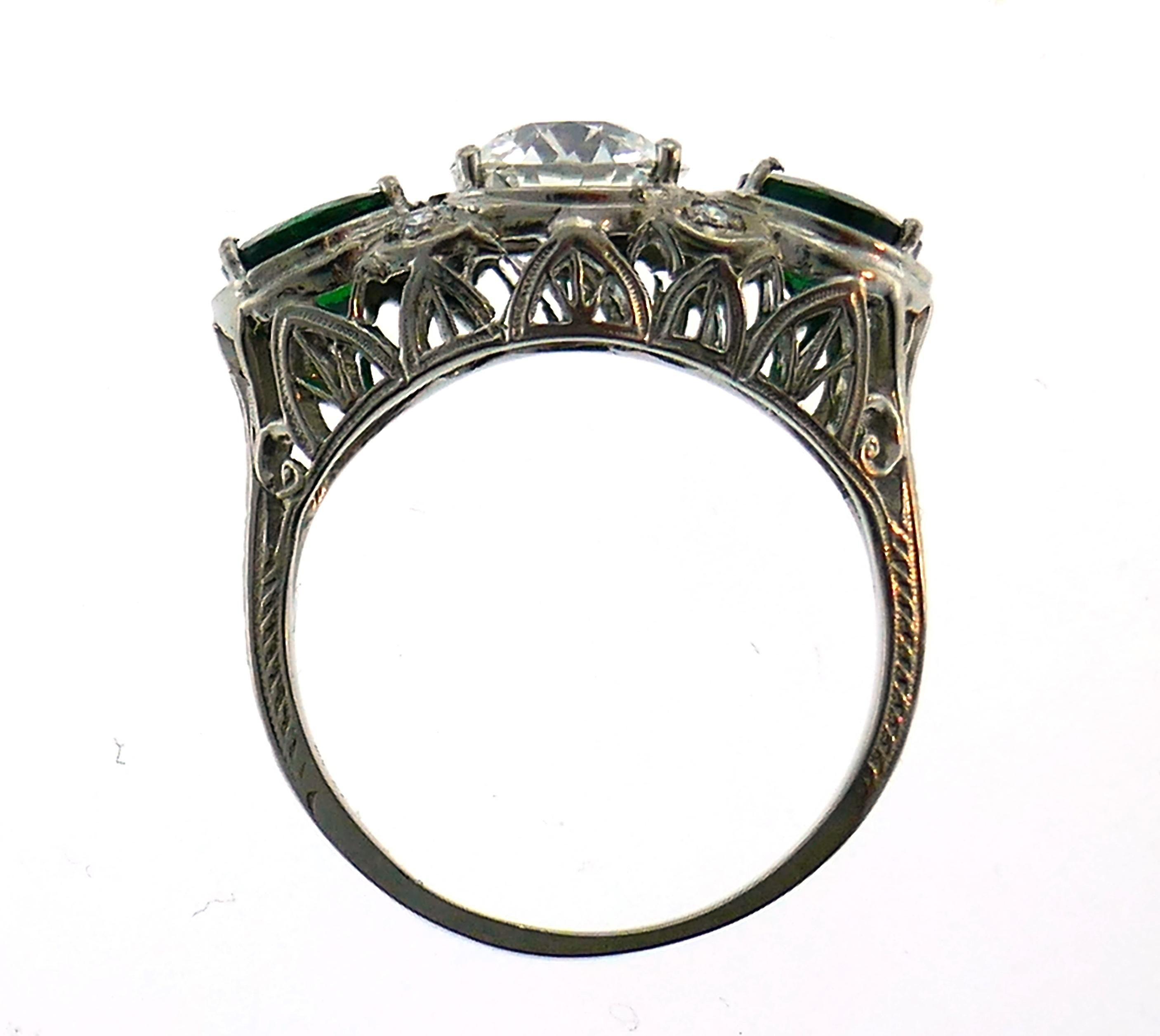 Art Deco Emerald Diamond Platinum Three-Stone Ring For Sale 2