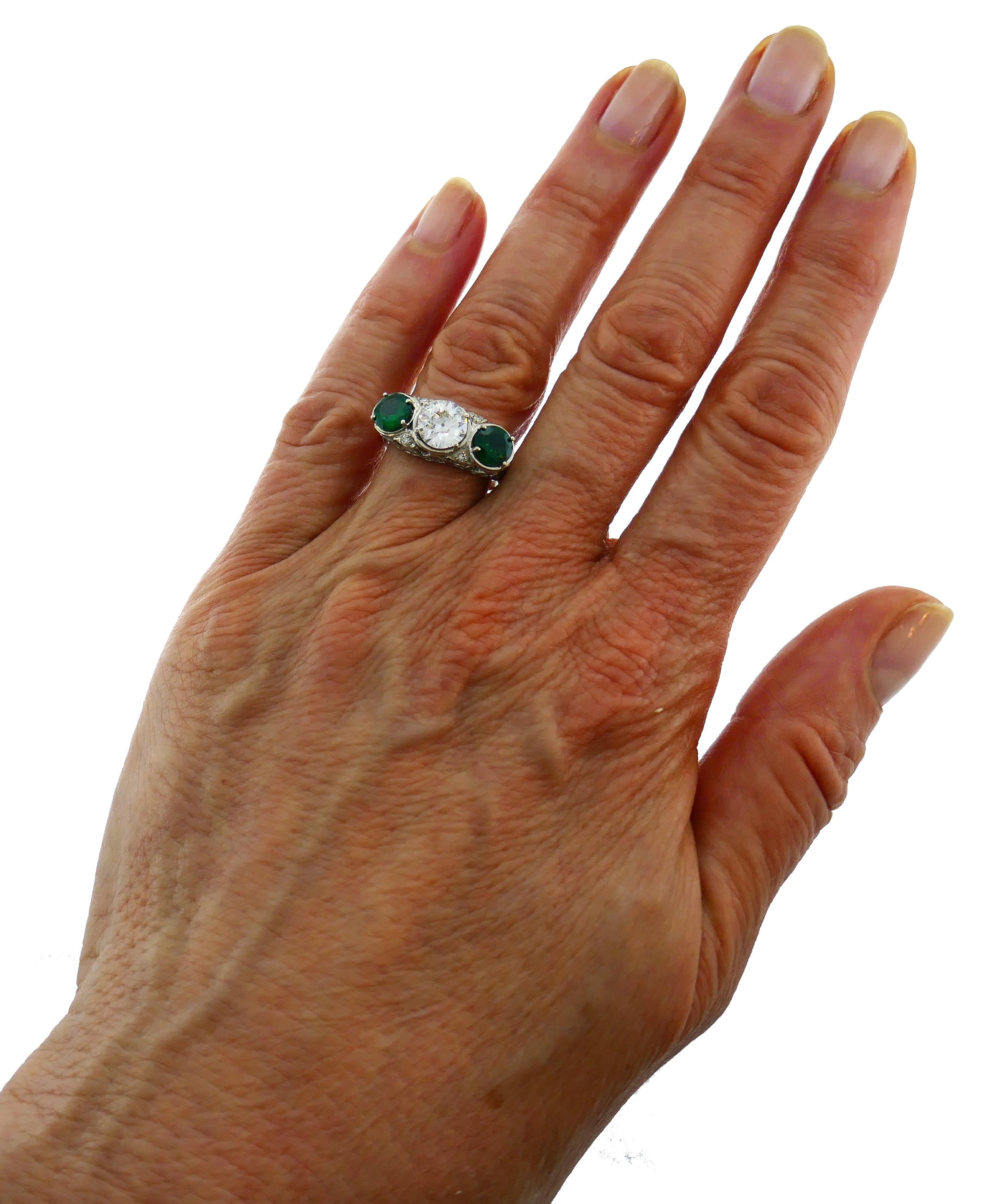 Art Deco Emerald Diamond Platinum Three-Stone Ring For Sale 4