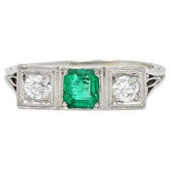 Art Deco Emerald Diamond Platinum Three Stone Vintage Geometric Ring