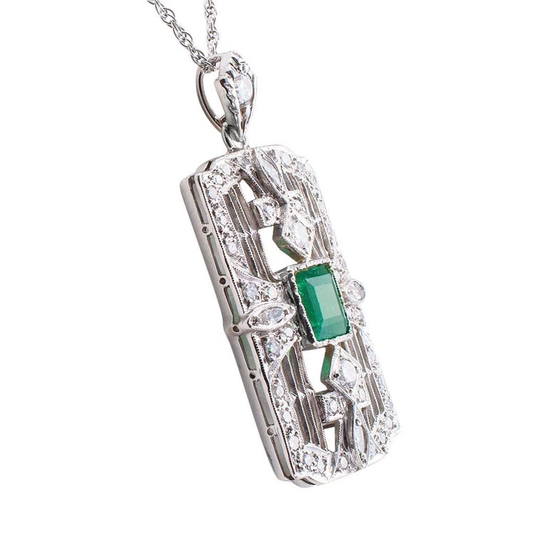 Art Deco Emerald Diamond Platinum White Gold Pendant Necklace at 1stDibs
