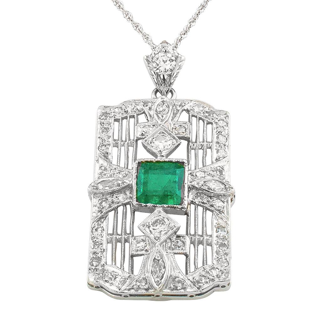 Art Deco Smaragd-Diamant-Platin-Weißgold-Anhänger-Halskette (Art déco)