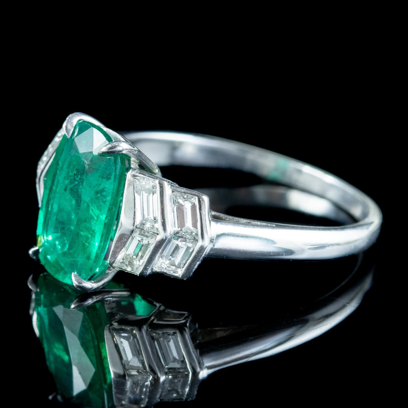 Cushion Cut Art Deco Emerald Diamond Ring 1.67ct Emerald With Cert  For Sale