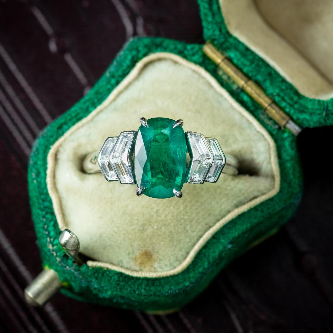 Art Deco Emerald Diamond Ring 1.67ct Emerald With Cert  For Sale 2
