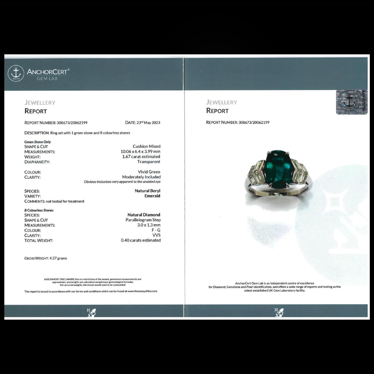 Art Deco Emerald Diamond Ring 1.67ct Emerald With Cert  For Sale 3