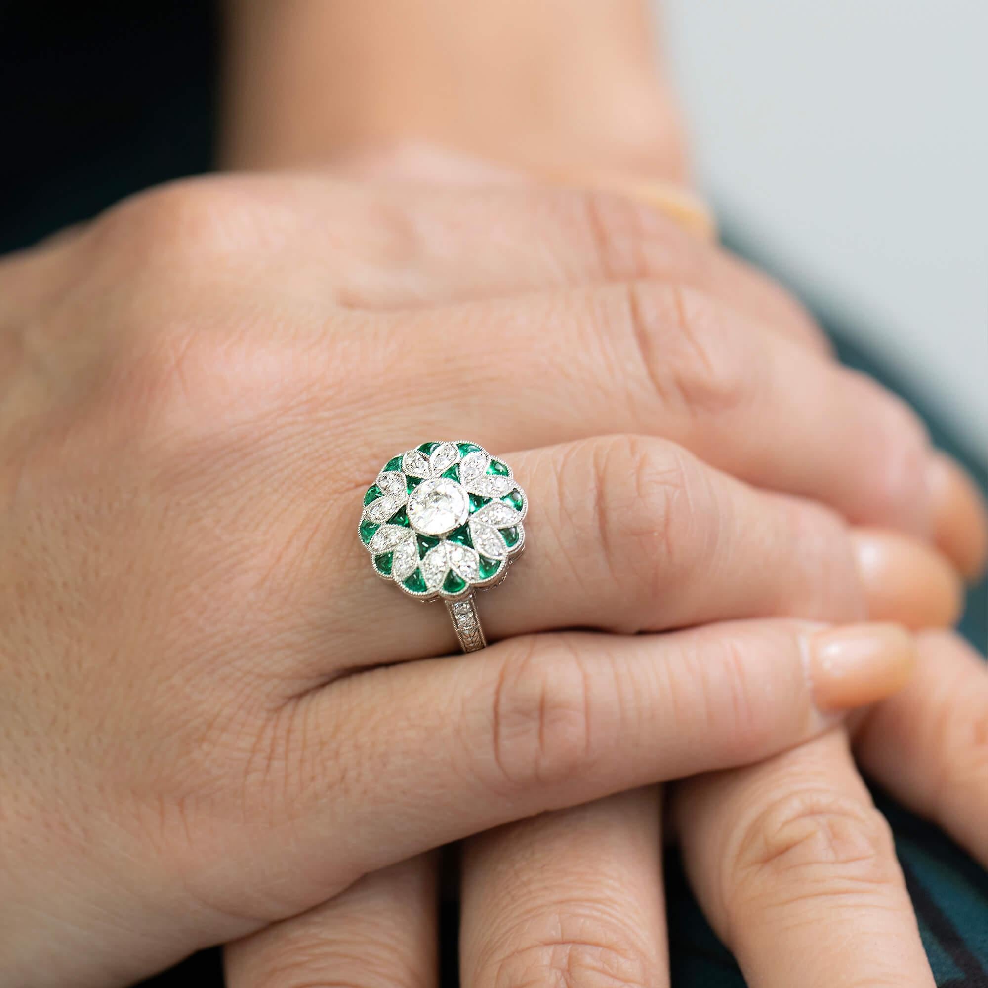 Old European Cut Art Deco Emerald & Diamond Ring Circa 1930s For Sale