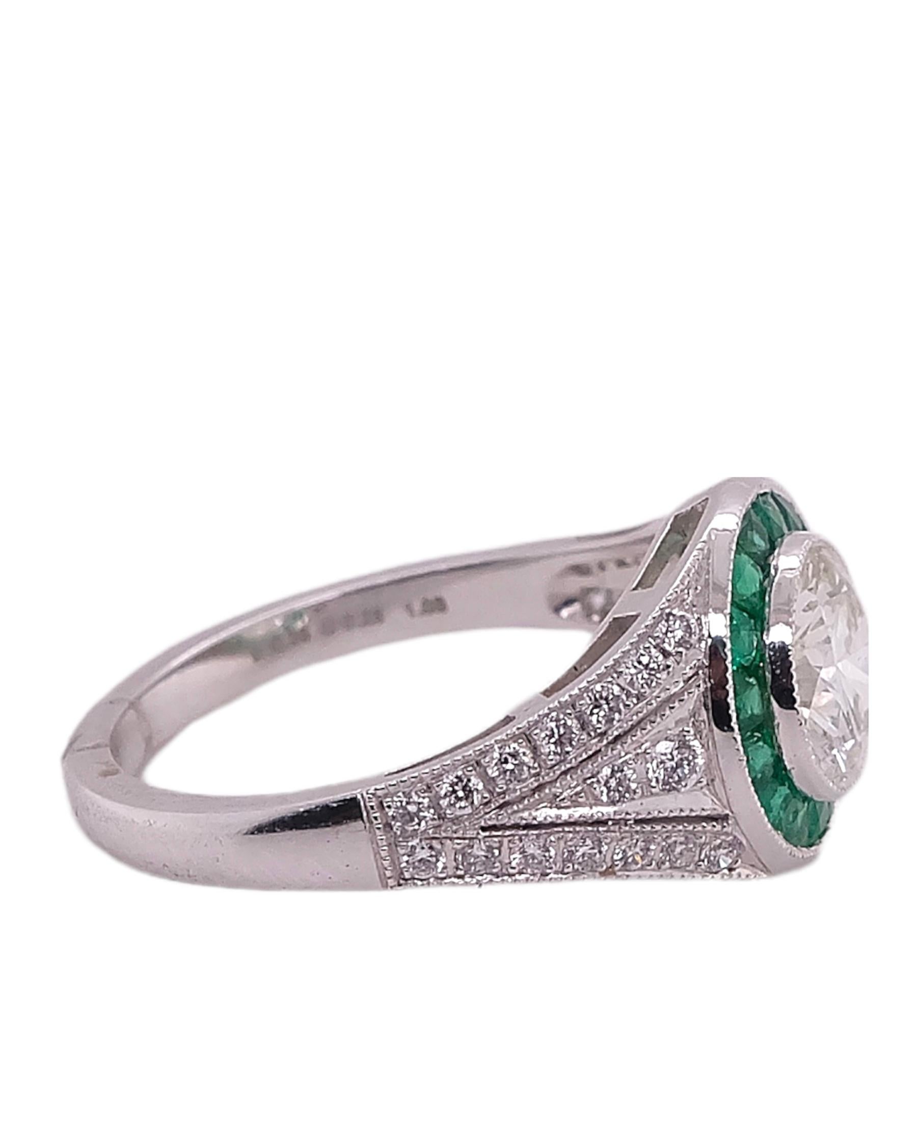 Round Cut Sophia D. Diamond and Emerald Art Deco Style Platinum Ring For Sale