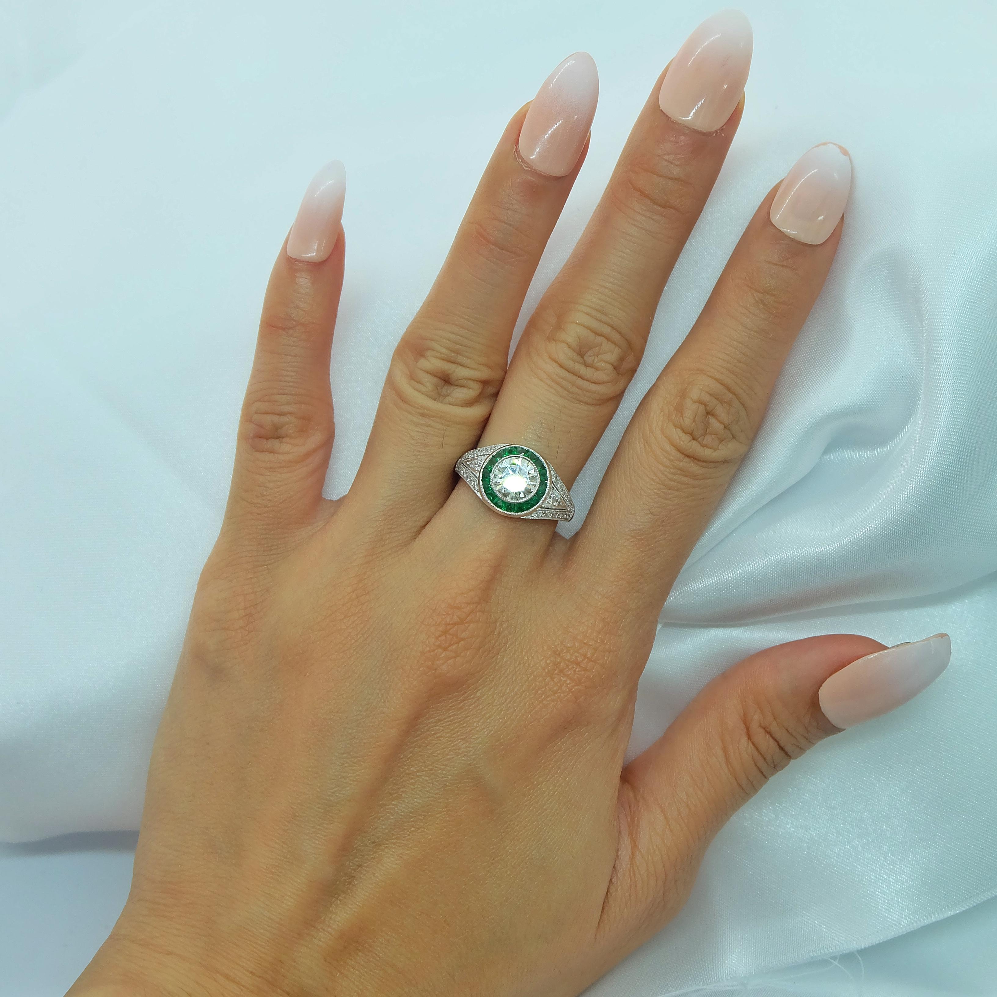Sophia D. Diamond and Emerald Art Deco Style Platinum Ring In New Condition For Sale In New York, NY