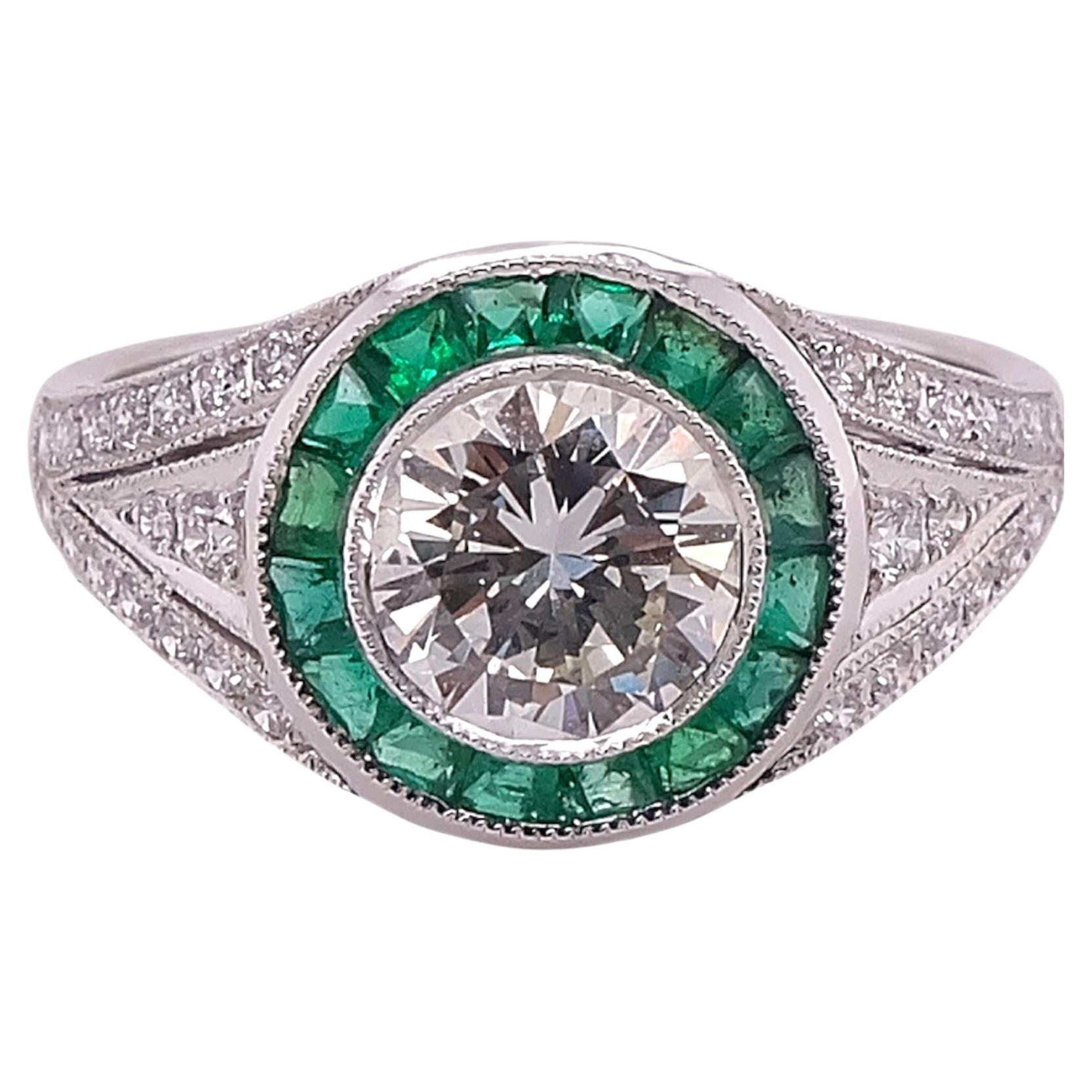 Sophia D. Diamond and Emerald Art Deco Style Platinum Ring