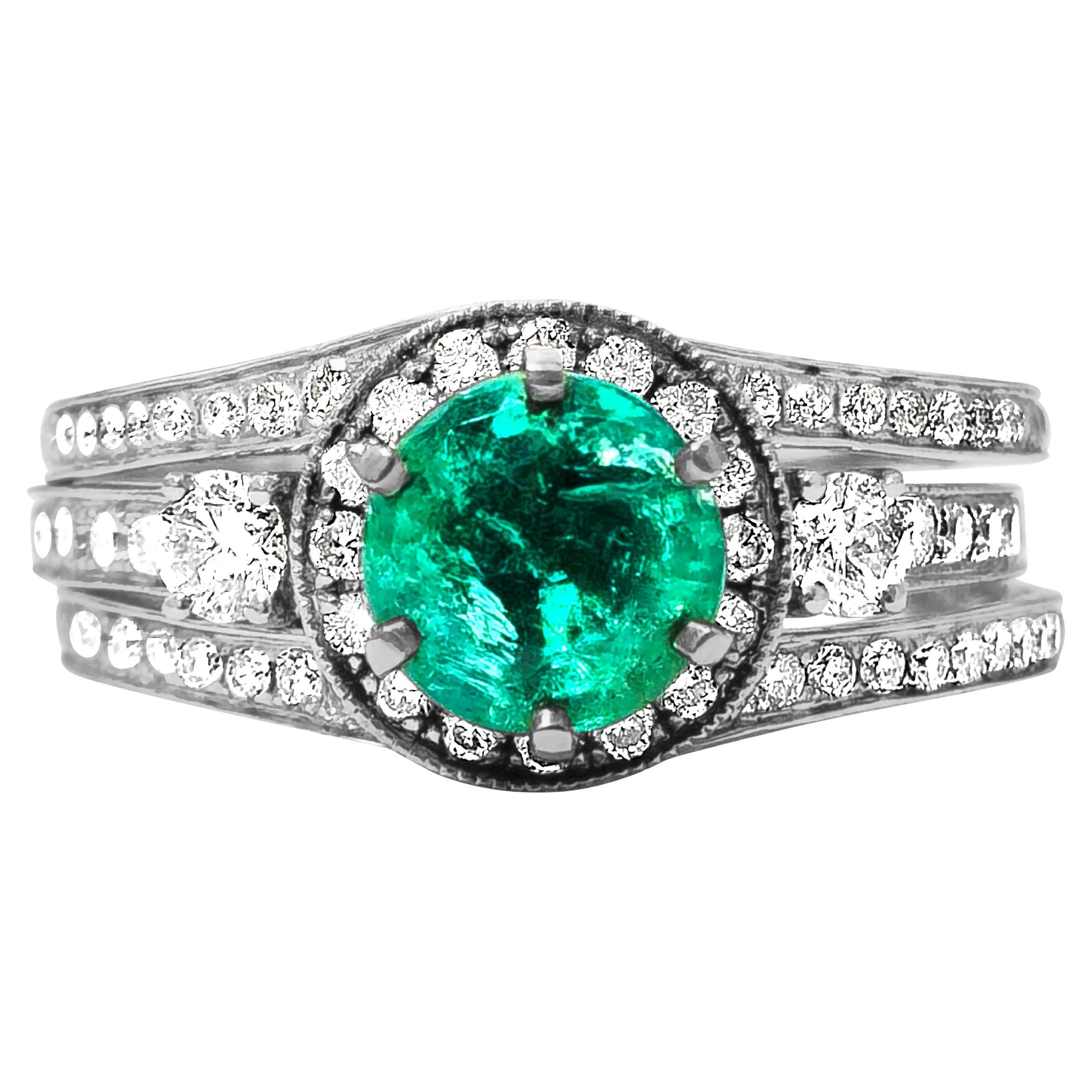 Art Deco Emerald & Diamond Ring in 14k White Gold
