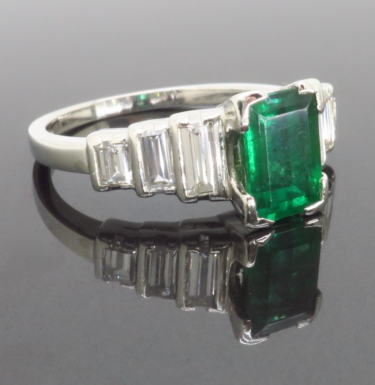 Emerald Cut Art Deco Emerald & Diamond Ring Made in Platinum For Sale