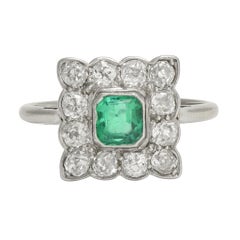Art Deco Emerald Diamond Square Cluster Ring