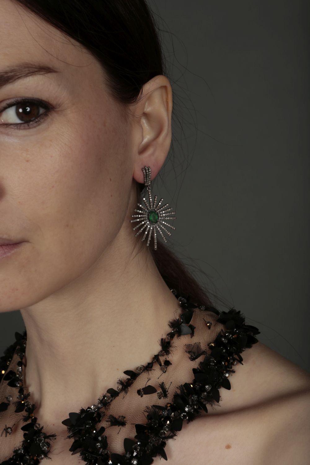 Art Deco Style Emerald & Diamond Starburst Earrings 5