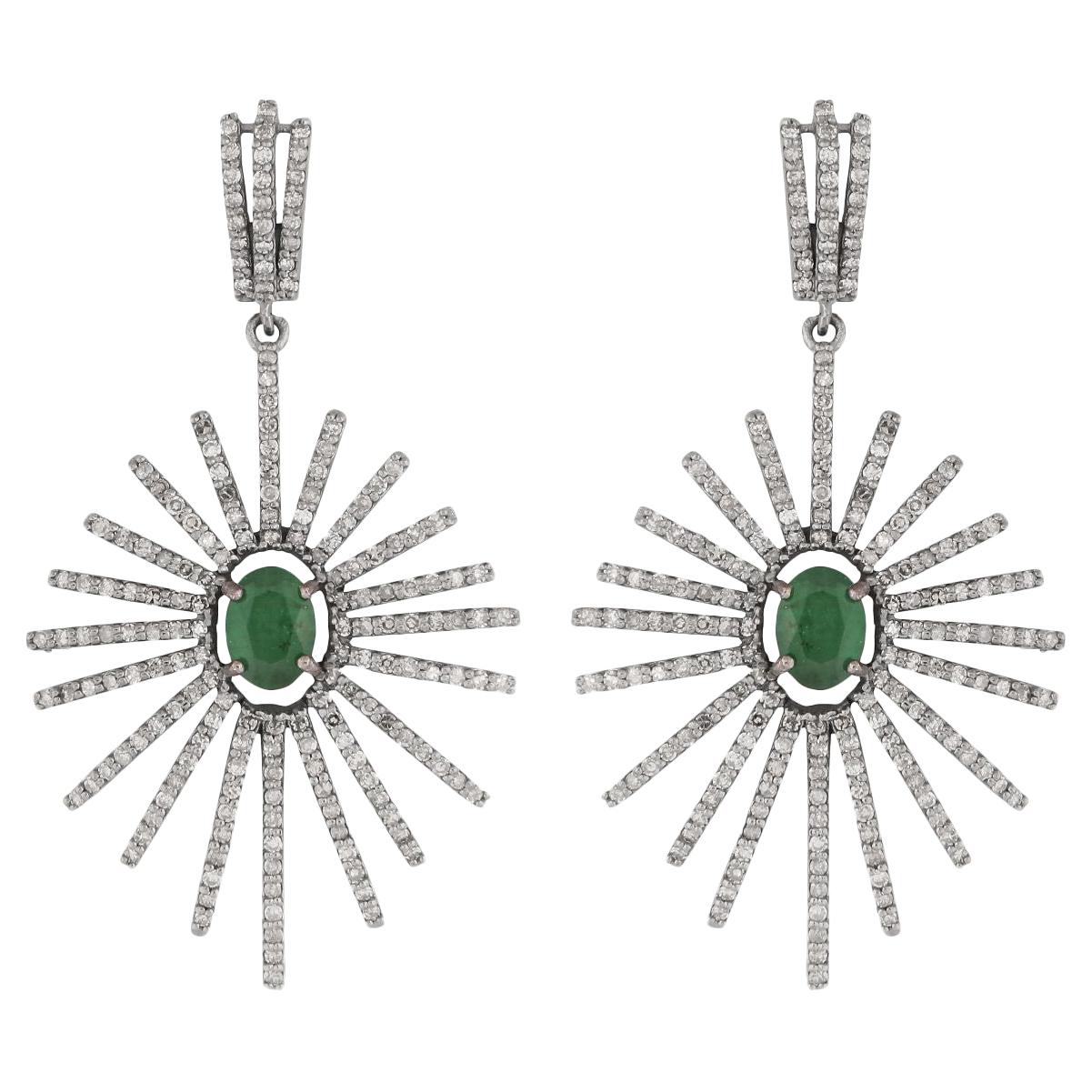 Art Deco Style Emerald & Diamond Starburst Earrings