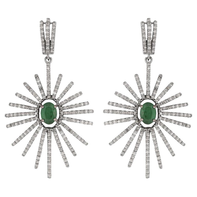 Art Deco Style Emerald and Diamond Starburst Earrings For Sale at 1stDibs