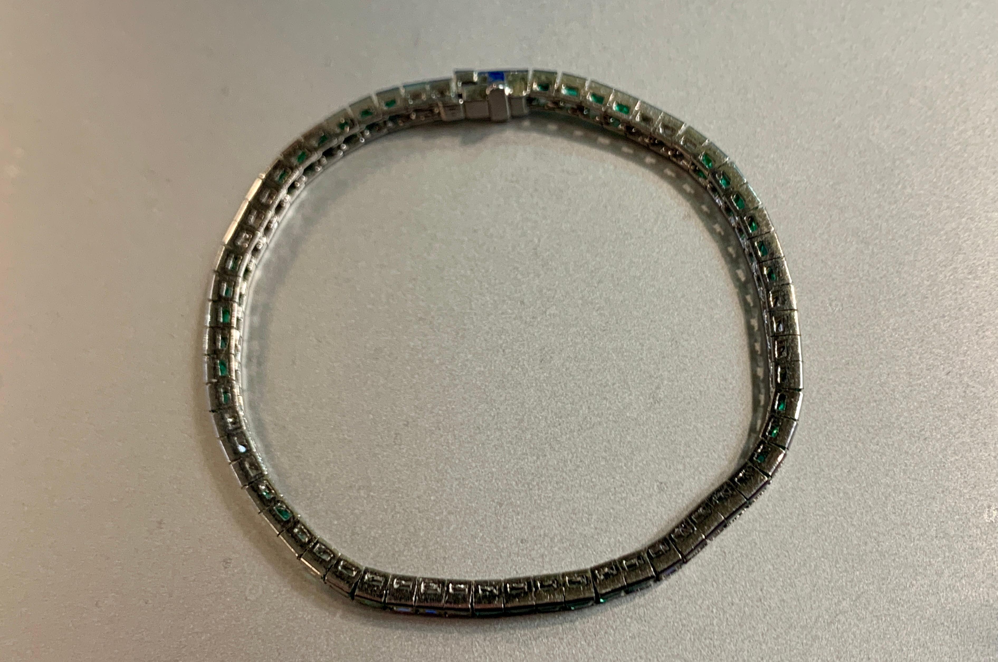 Art Deco Emerald & Diamond Tennis Bracelet For Sale 5