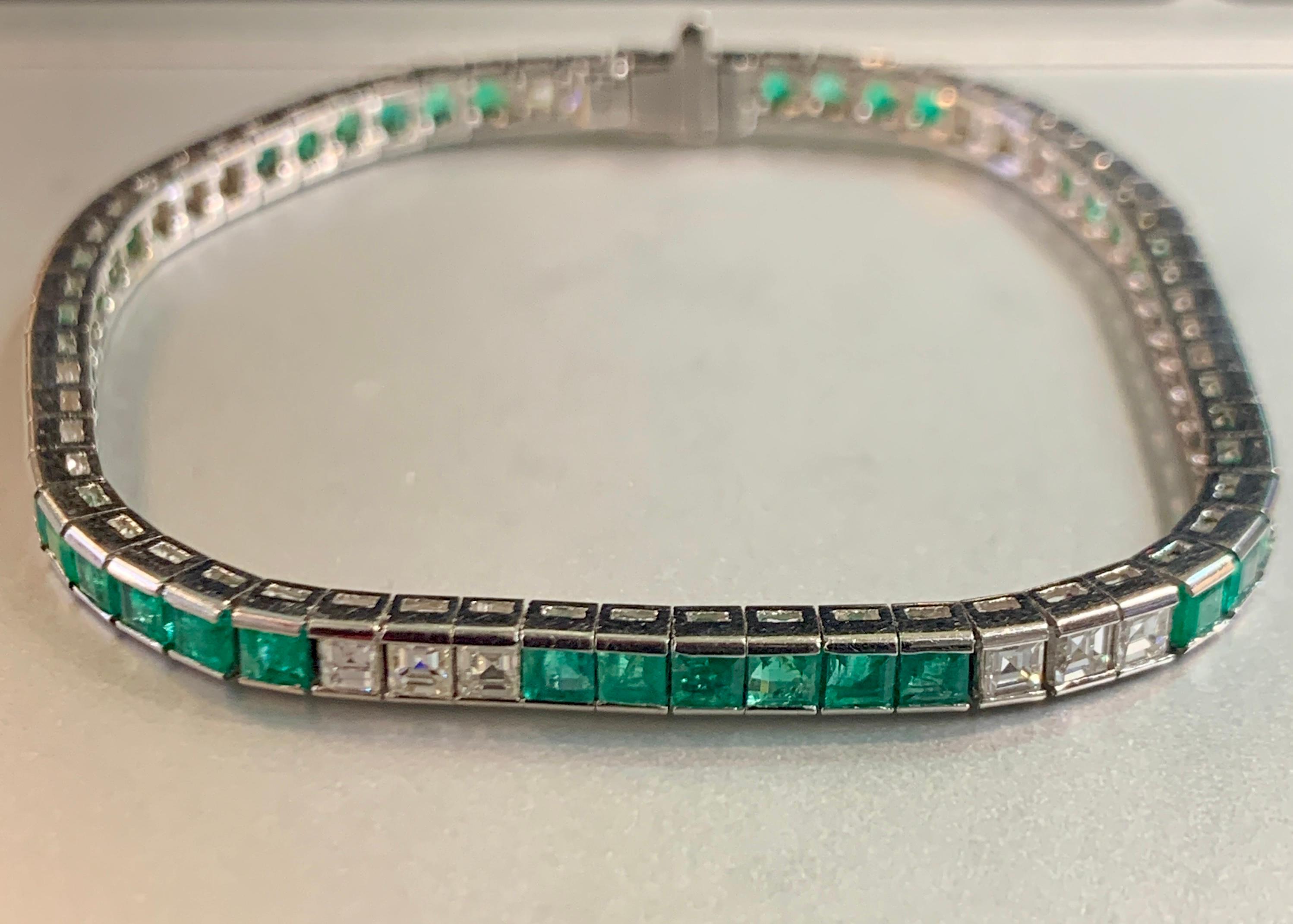 Art Deco Emerald & Diamond Tennis Bracelet For Sale 6