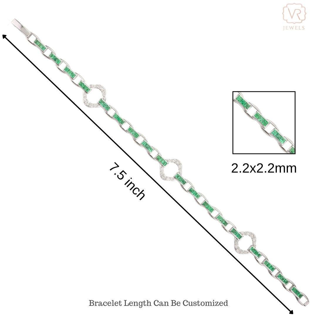 Art Deco Emerald Diamond Tennis Bracelet for Wedding in 14k Solid White Gold For Sale 9