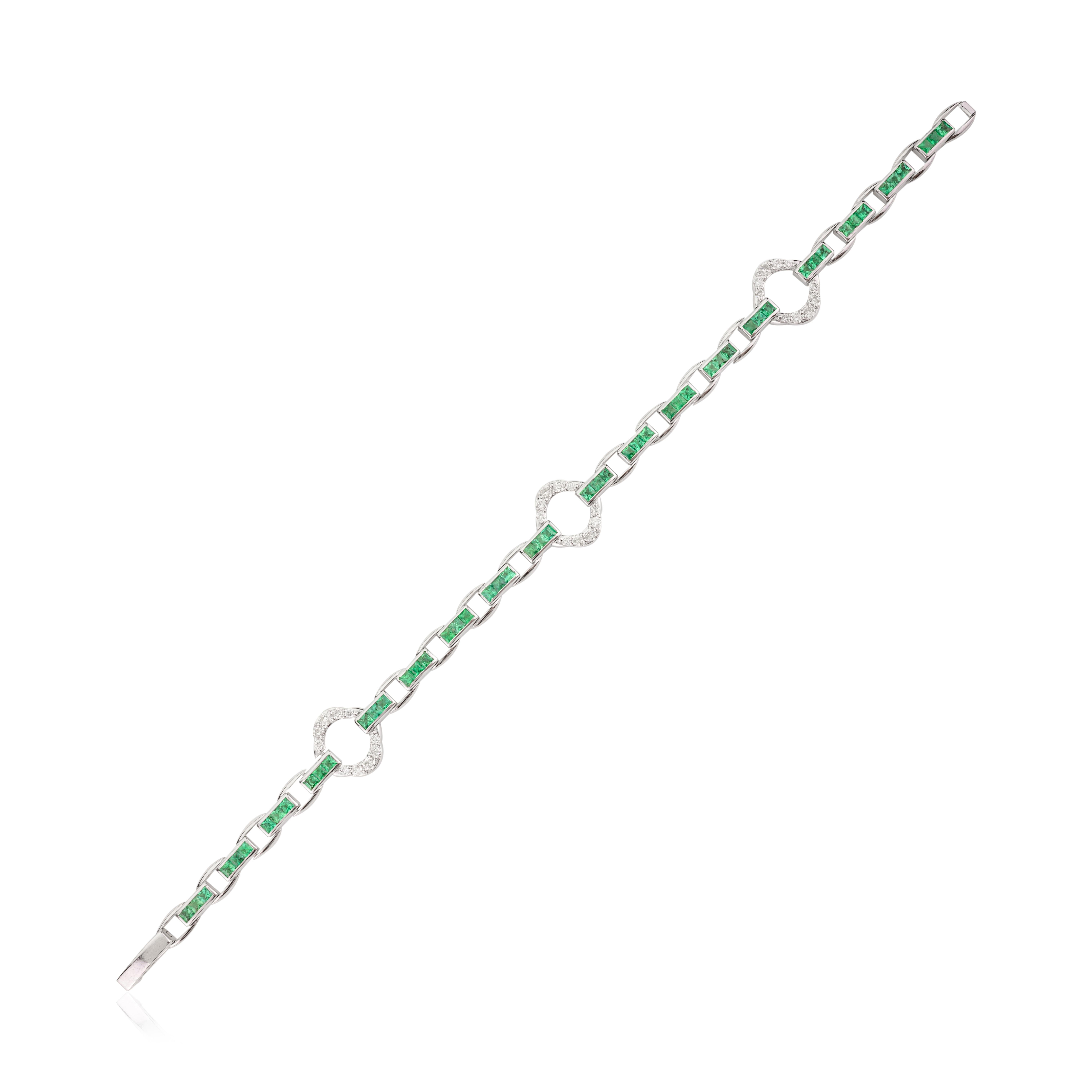 Square Cut Art Deco Emerald Diamond Tennis Bracelet for Wedding in 14k Solid White Gold For Sale