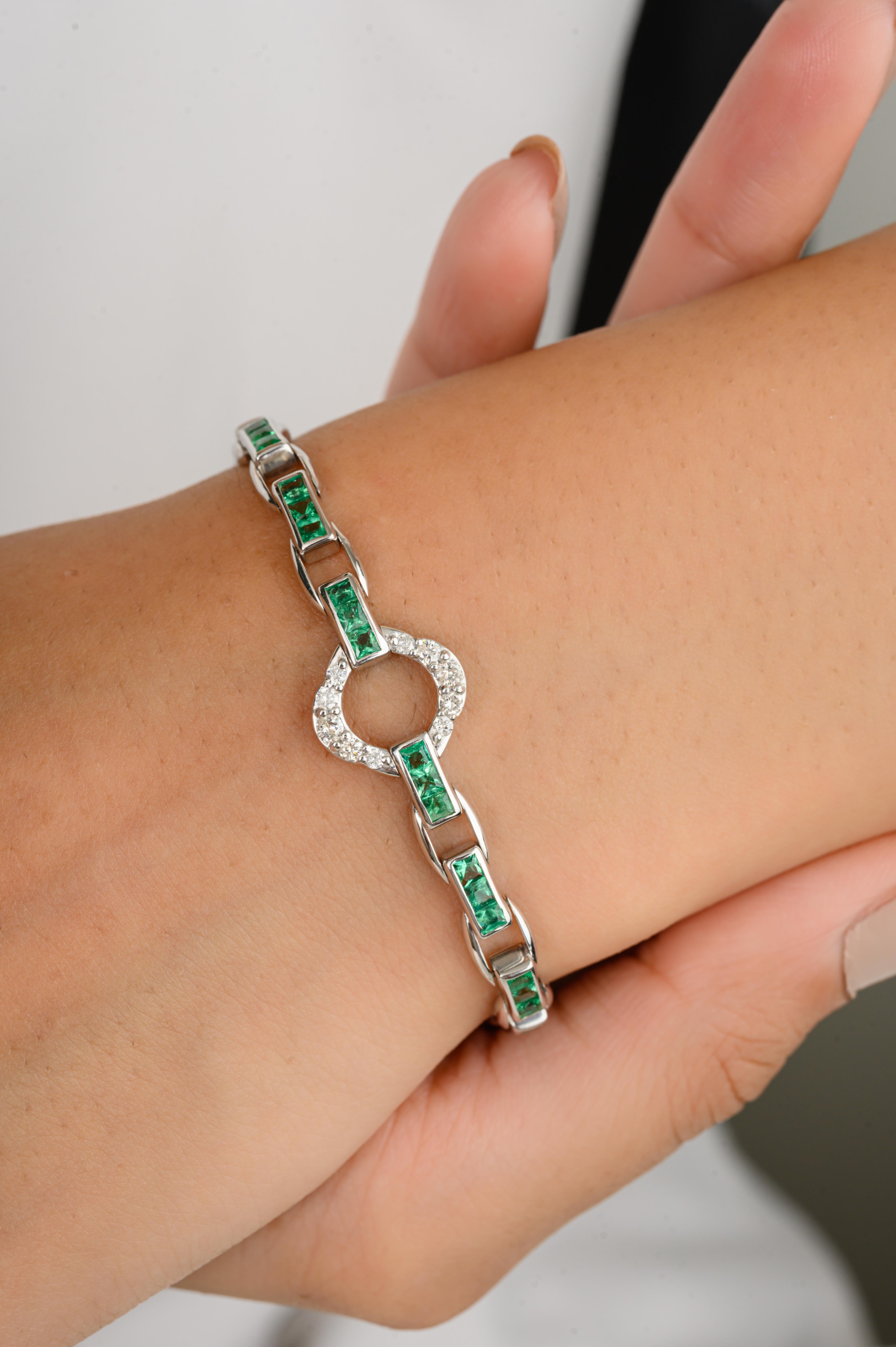 Art Deco Emerald Diamond Tennis Bracelet for Wedding in 14k Solid White Gold In New Condition For Sale In New York, NY