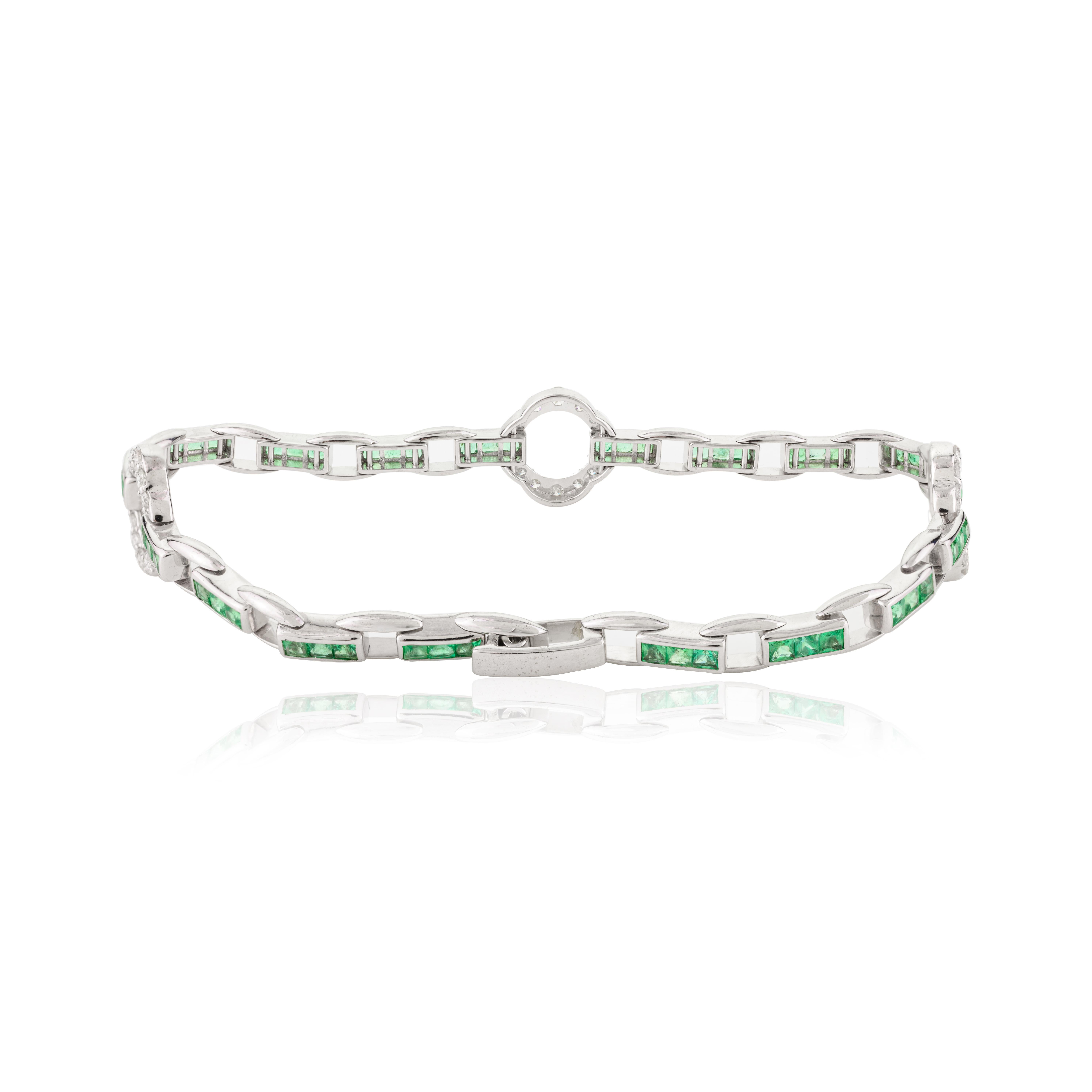 Women's Art Deco Emerald Diamond Tennis Bracelet for Wedding in 14k Solid White Gold For Sale