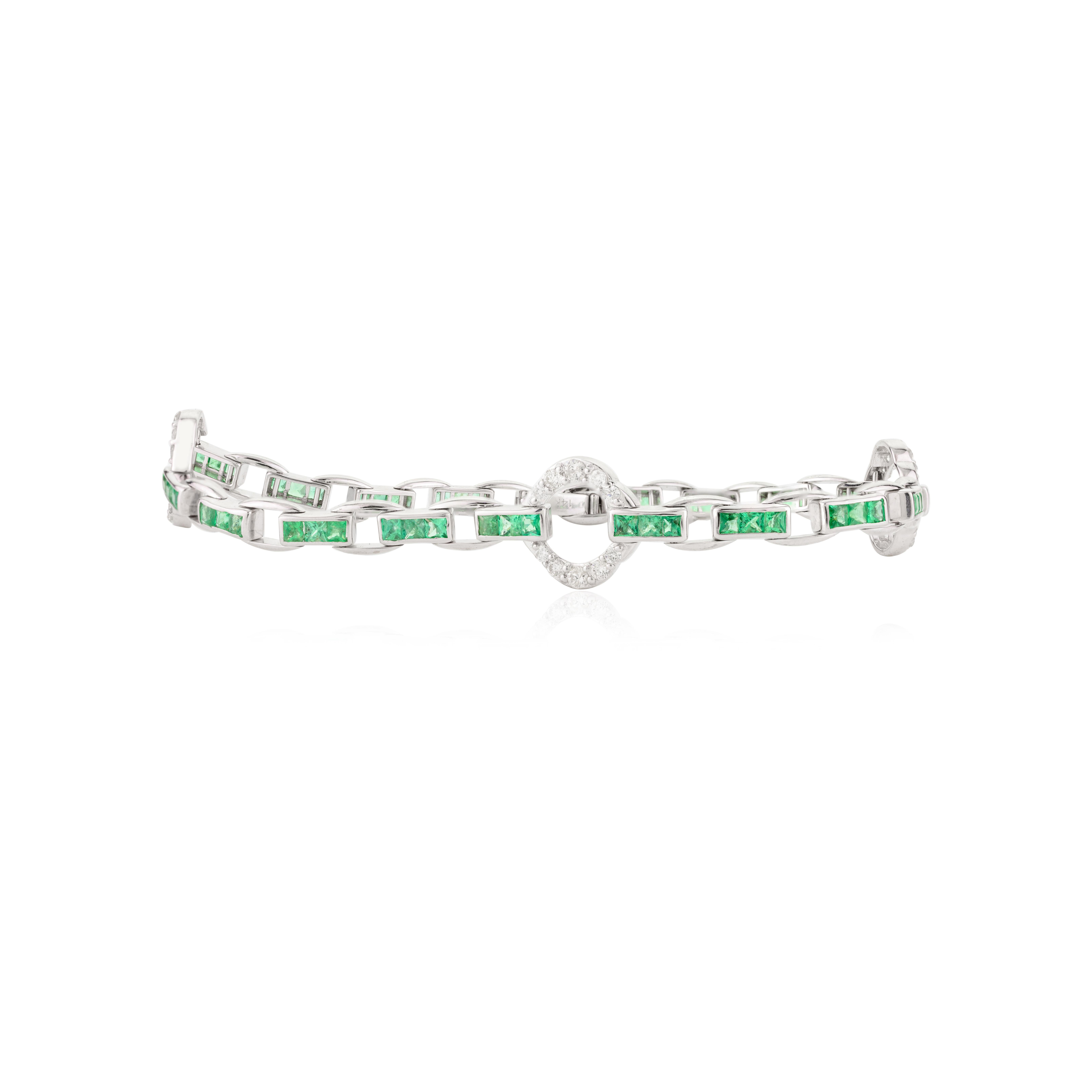 Art Deco Emerald Diamond Tennis Bracelet for Wedding in 14k Solid White Gold For Sale 2