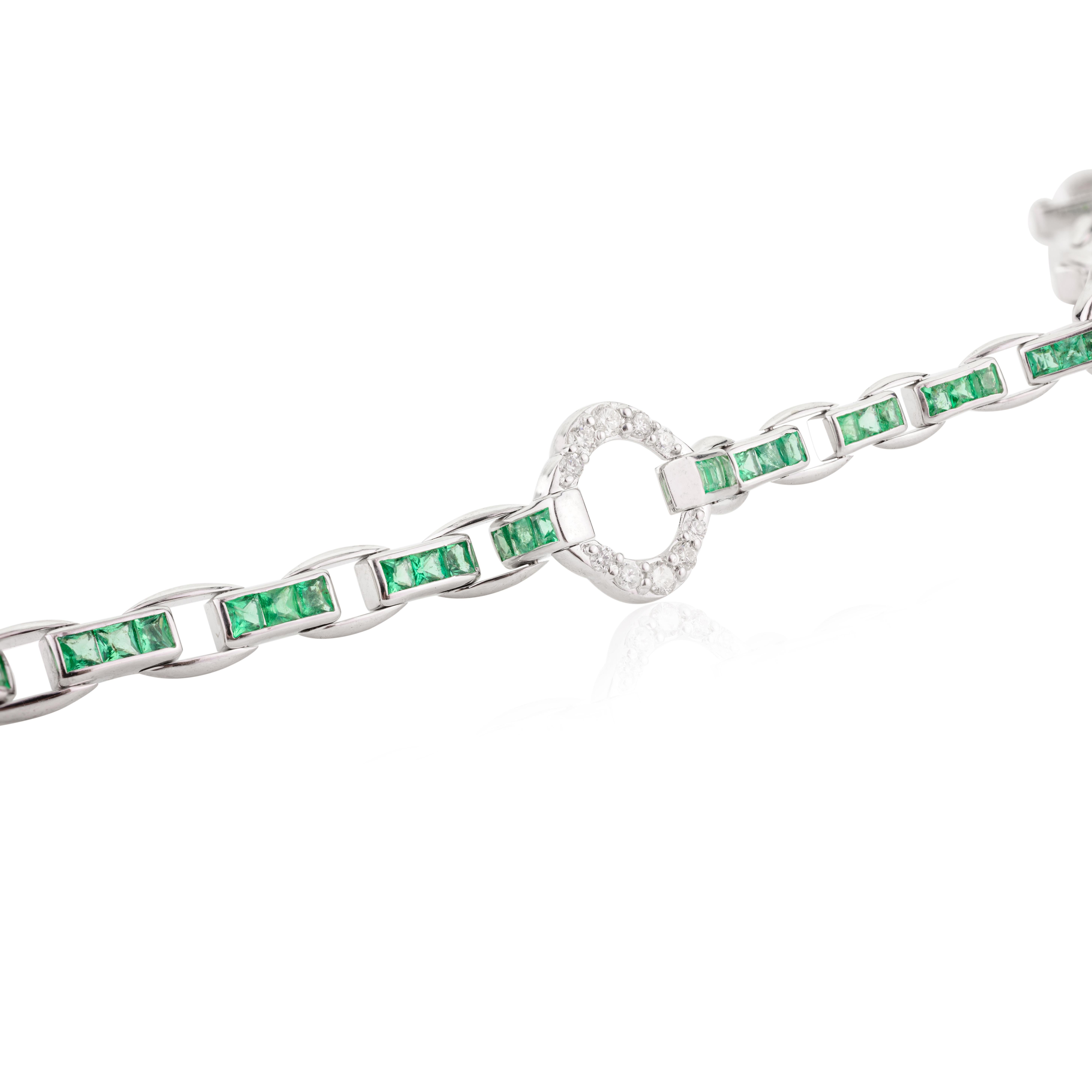 Art Deco Emerald Diamond Tennis Bracelet for Wedding in 14k Solid White Gold For Sale 4