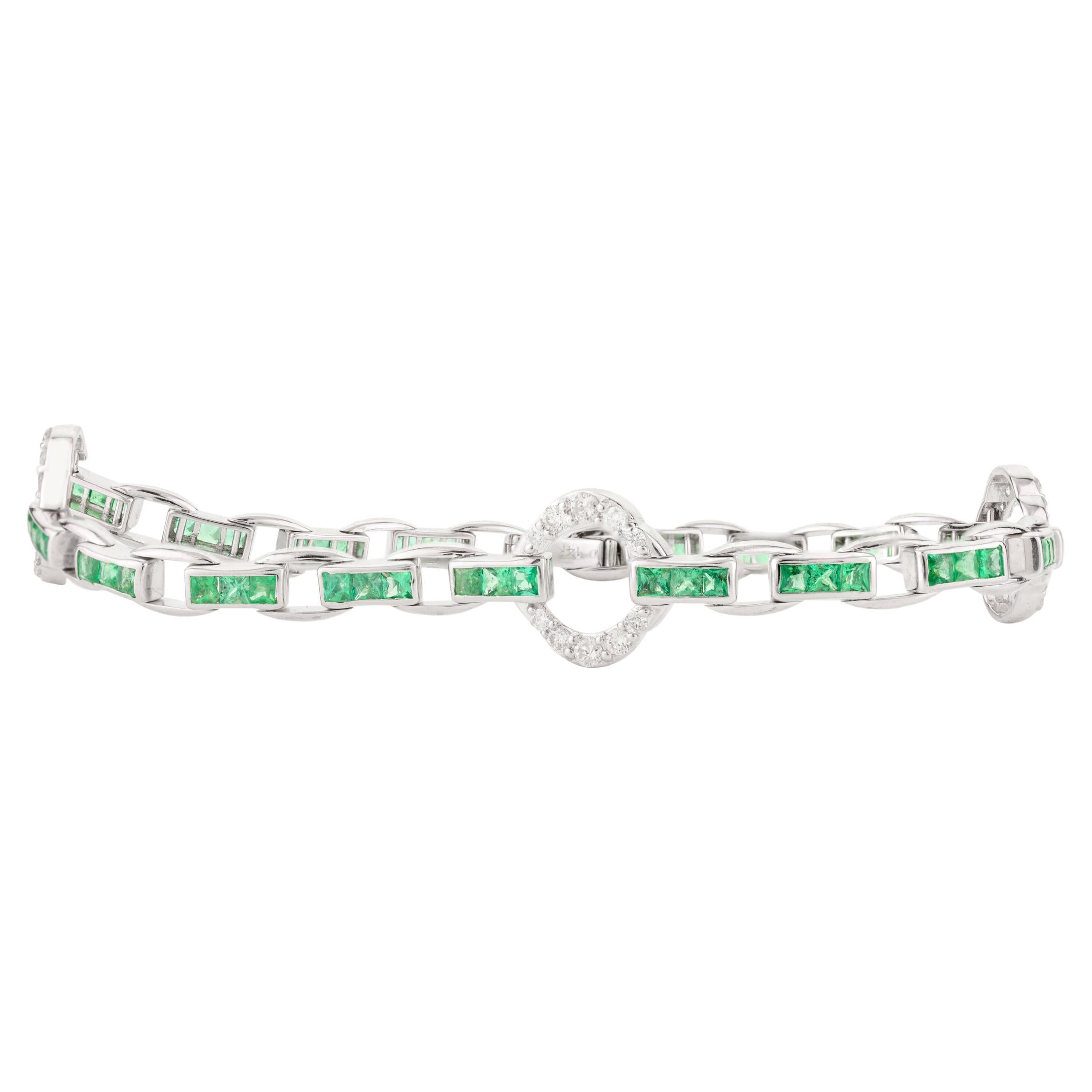 Bracelet tennis Art déco pour mariage en or blanc massif 14 carats avec diamants et émeraudes