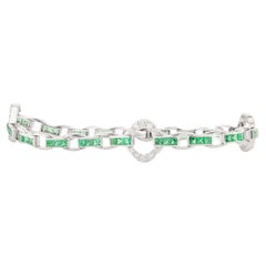 Bracelet tennis Art déco pour mariage en or blanc massif 14 carats avec diamants et émeraudes