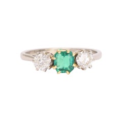 Art Deco Emerald Diamond Three-Stone Trilogy Ring