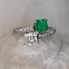 Art Deco Emerald Diamond Toi et Moi Platinum Ring Circa 1925