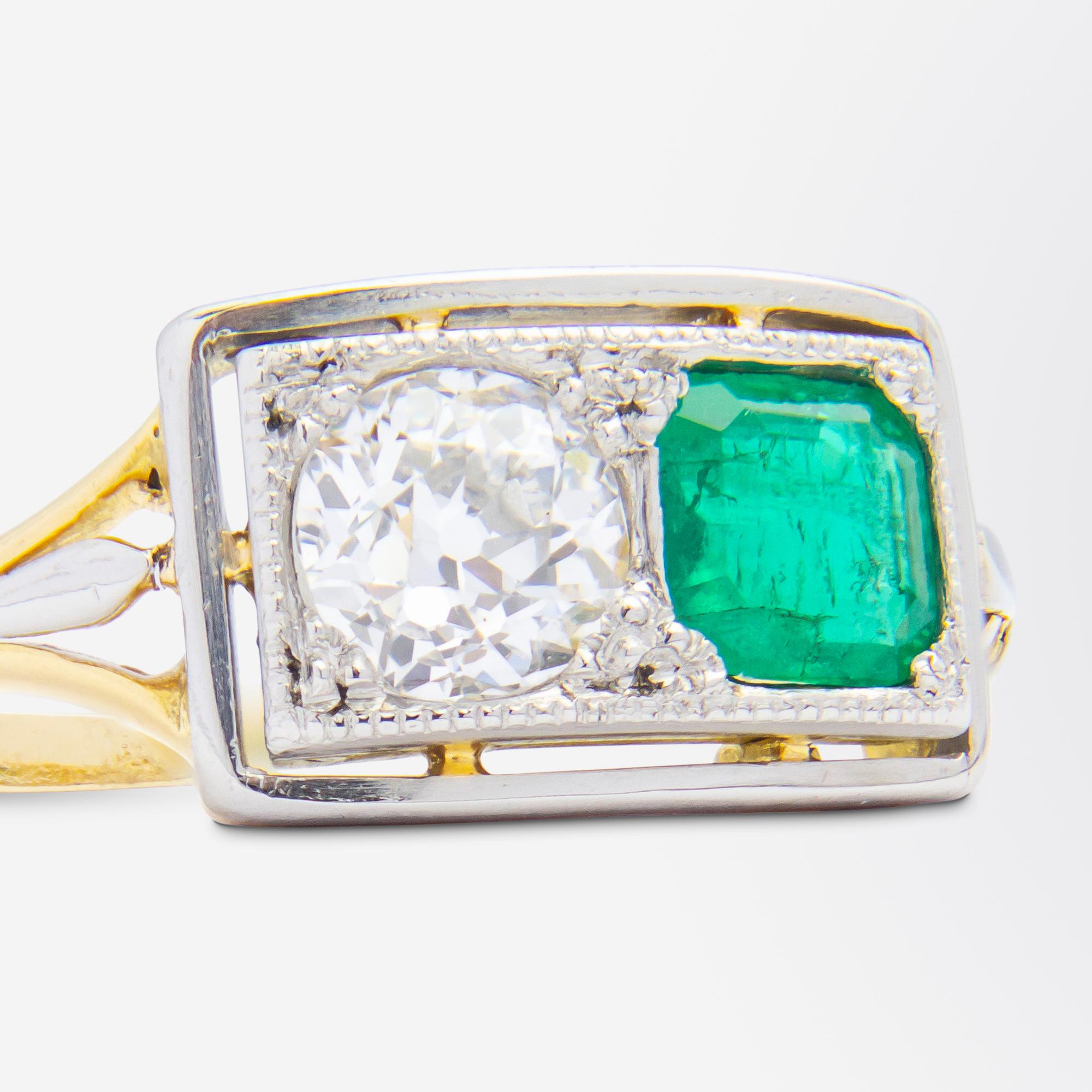 Old European Cut Art Deco Emerald & Diamond 'Toi Et Moi' Ring For Sale