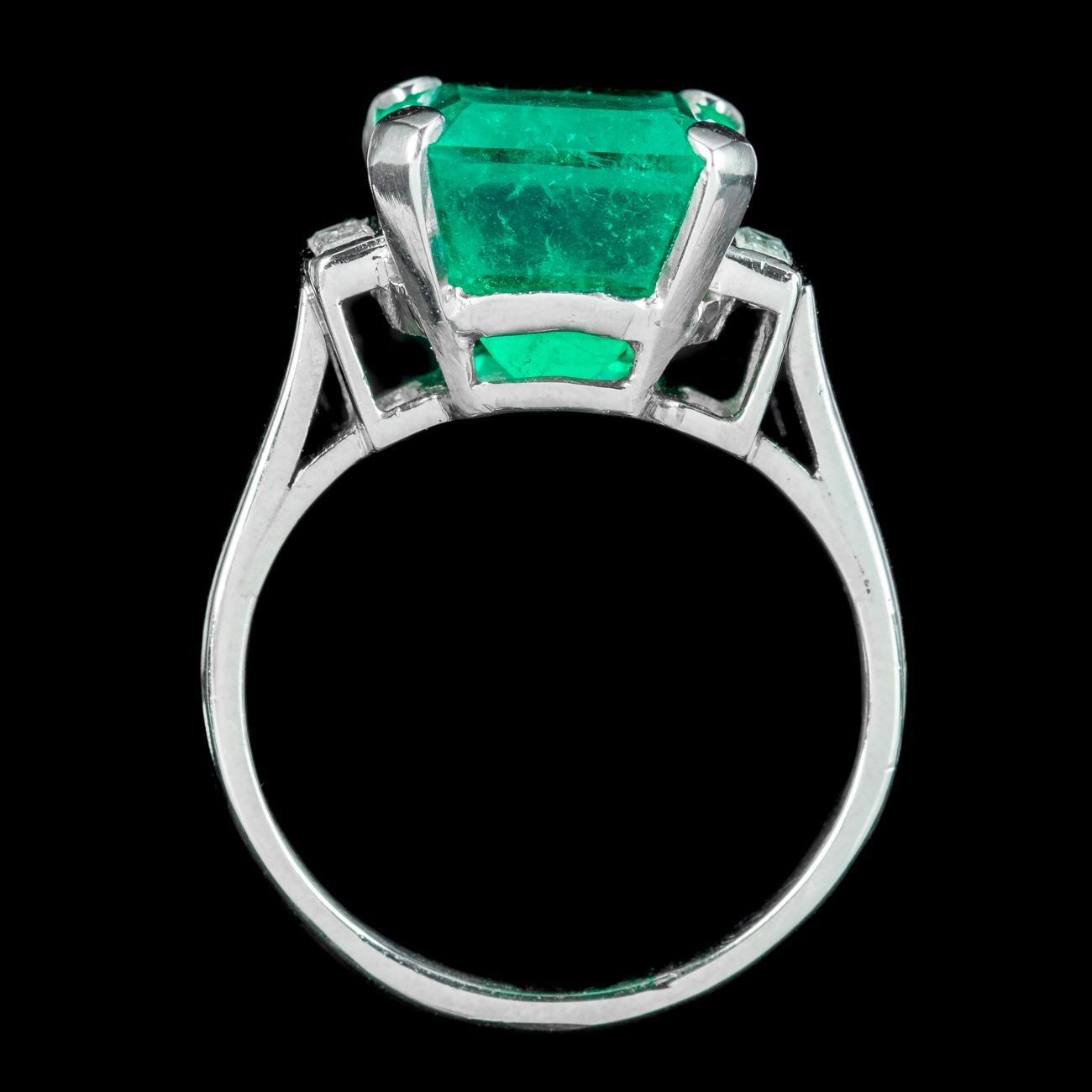 Emerald Cut Art Deco Emerald Diamond Trilogy Ring 7.24ct Colombian Emerald With Cert For Sale