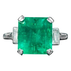 Art Deco Emerald Diamond Trilogy Ring 7.24ct Colombian Emerald With Cert