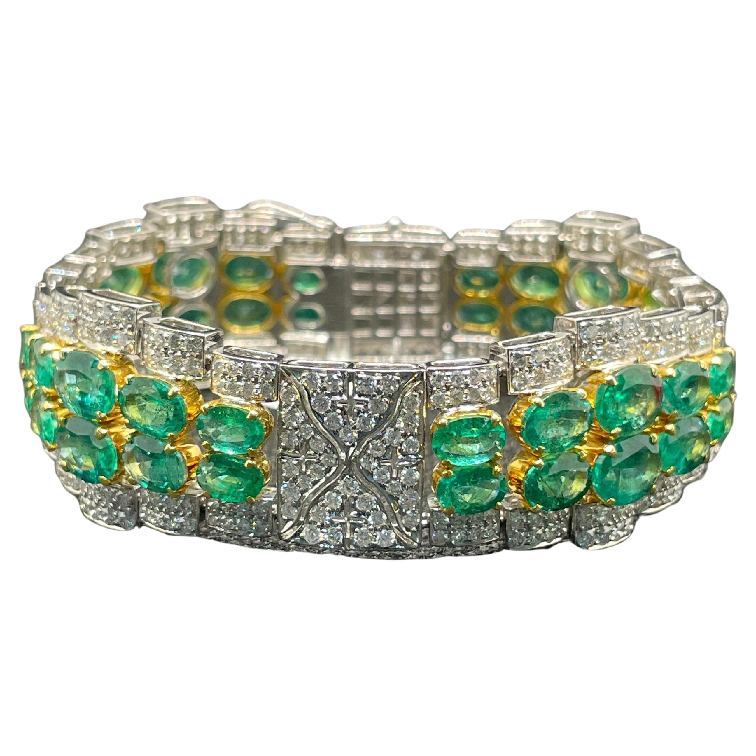 Art Deco Emerald & Diamond Wedding Bracelet in 18 Karat Solid White Gold