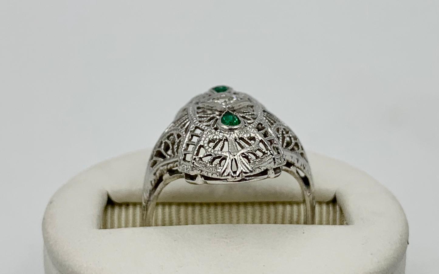 Art Deco Emerald Diamond Wedding Engagement Ring 14 Karat White Gold Edwardian 3