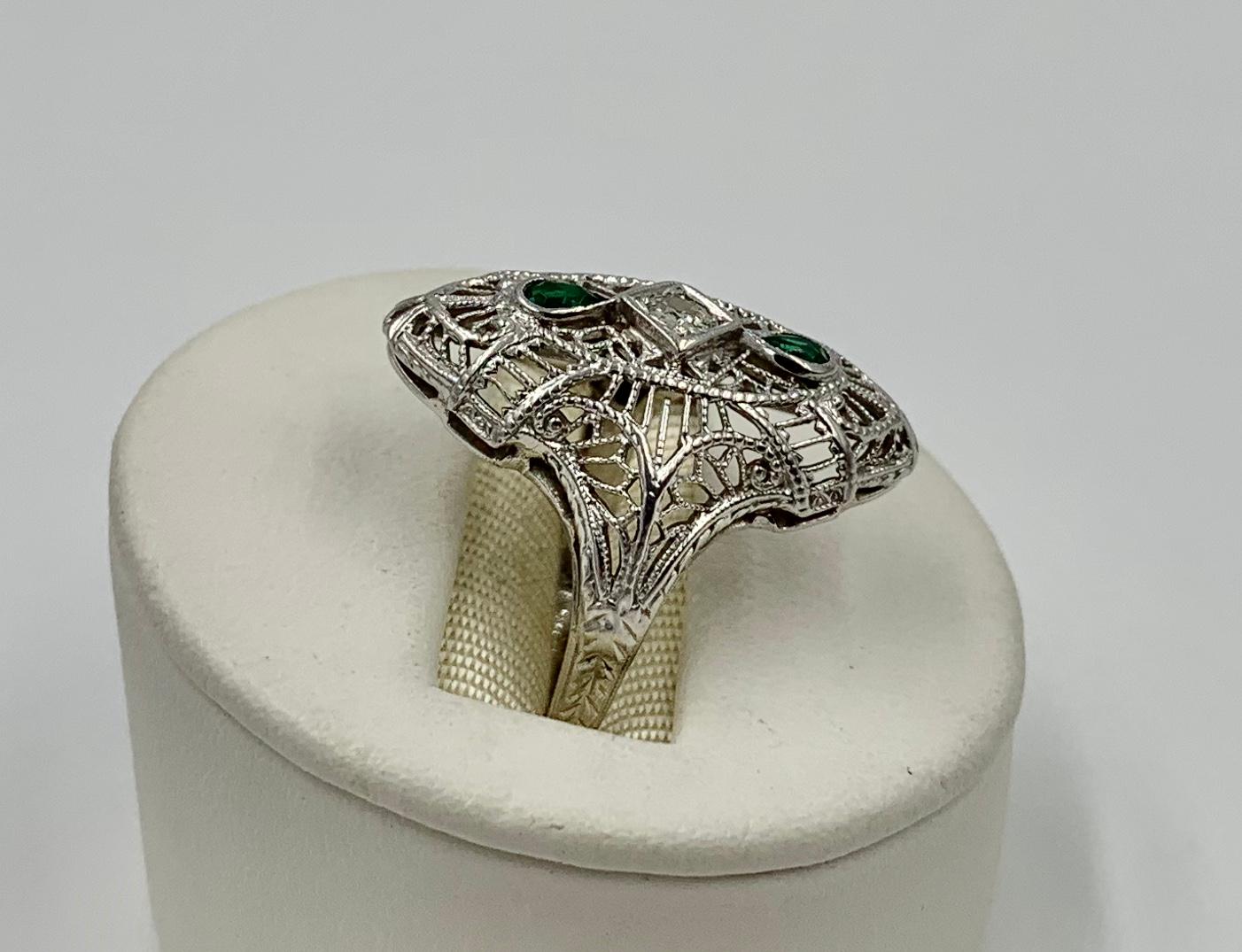 Art Deco Emerald Diamond Wedding Engagement Ring 14 Karat White Gold Edwardian 4