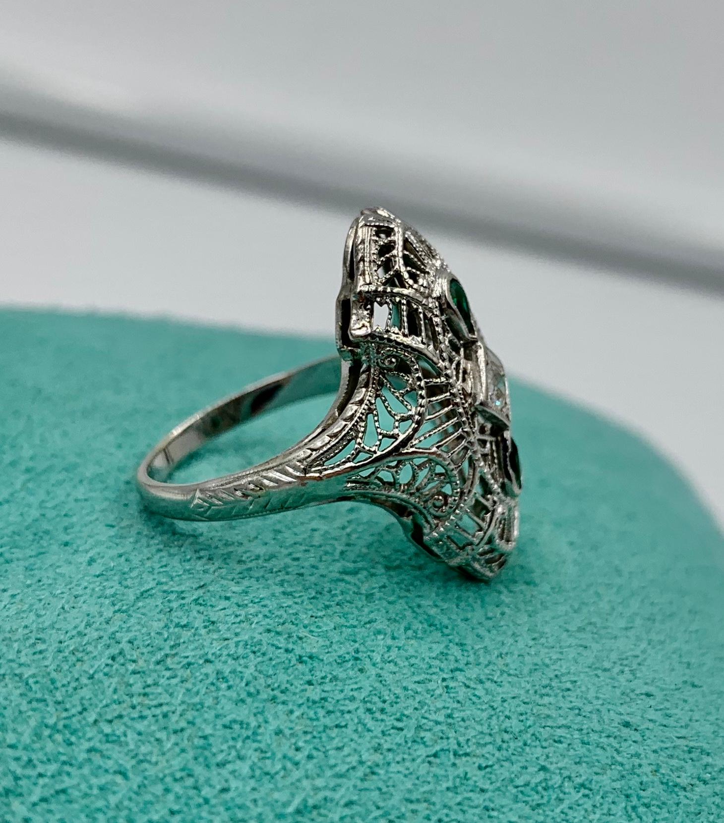Art Deco Emerald Diamond Wedding Engagement Ring 14 Karat White Gold Edwardian 5