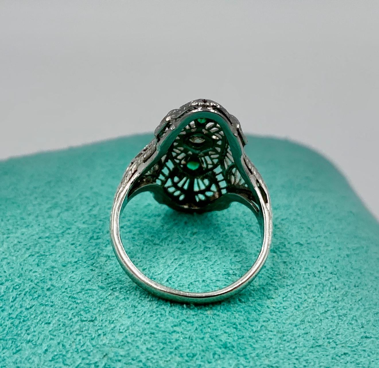 Art Deco Emerald Diamond Wedding Engagement Ring 14 Karat White Gold Edwardian 6
