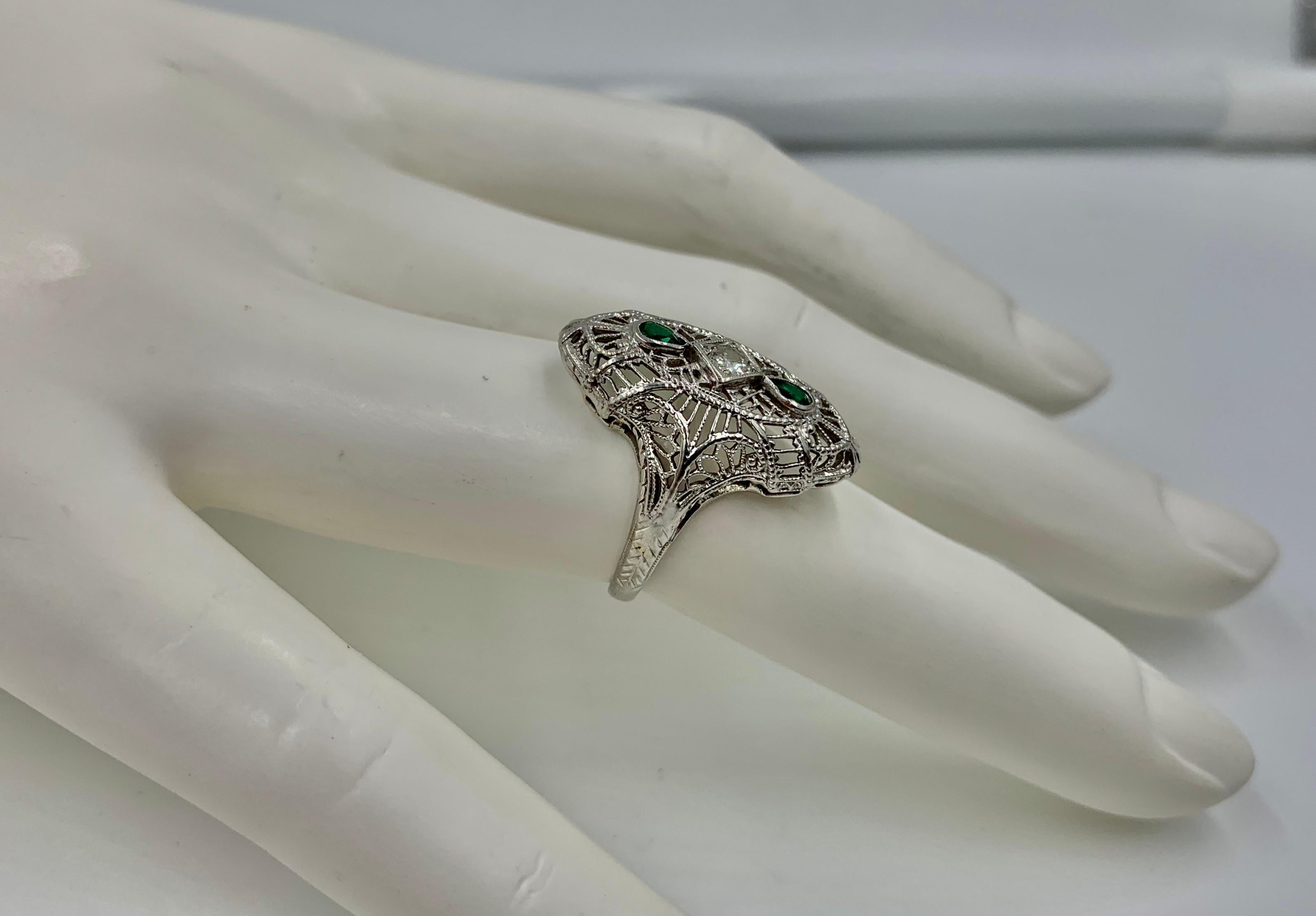 Art Deco Emerald Diamond Wedding Engagement Ring 14 Karat White Gold Edwardian 7