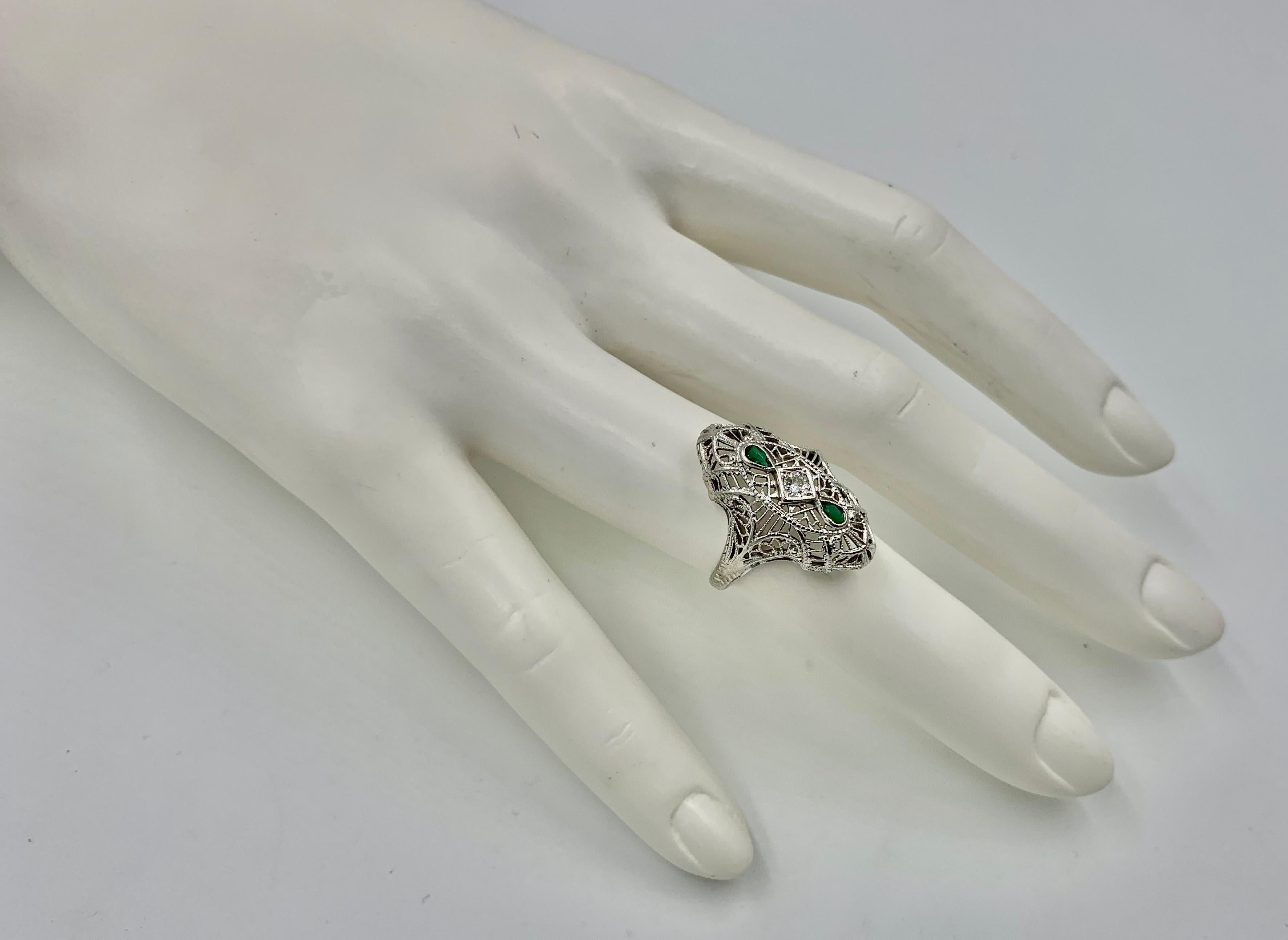 Old Mine Cut Art Deco Emerald Diamond Wedding Engagement Ring 14 Karat White Gold Edwardian