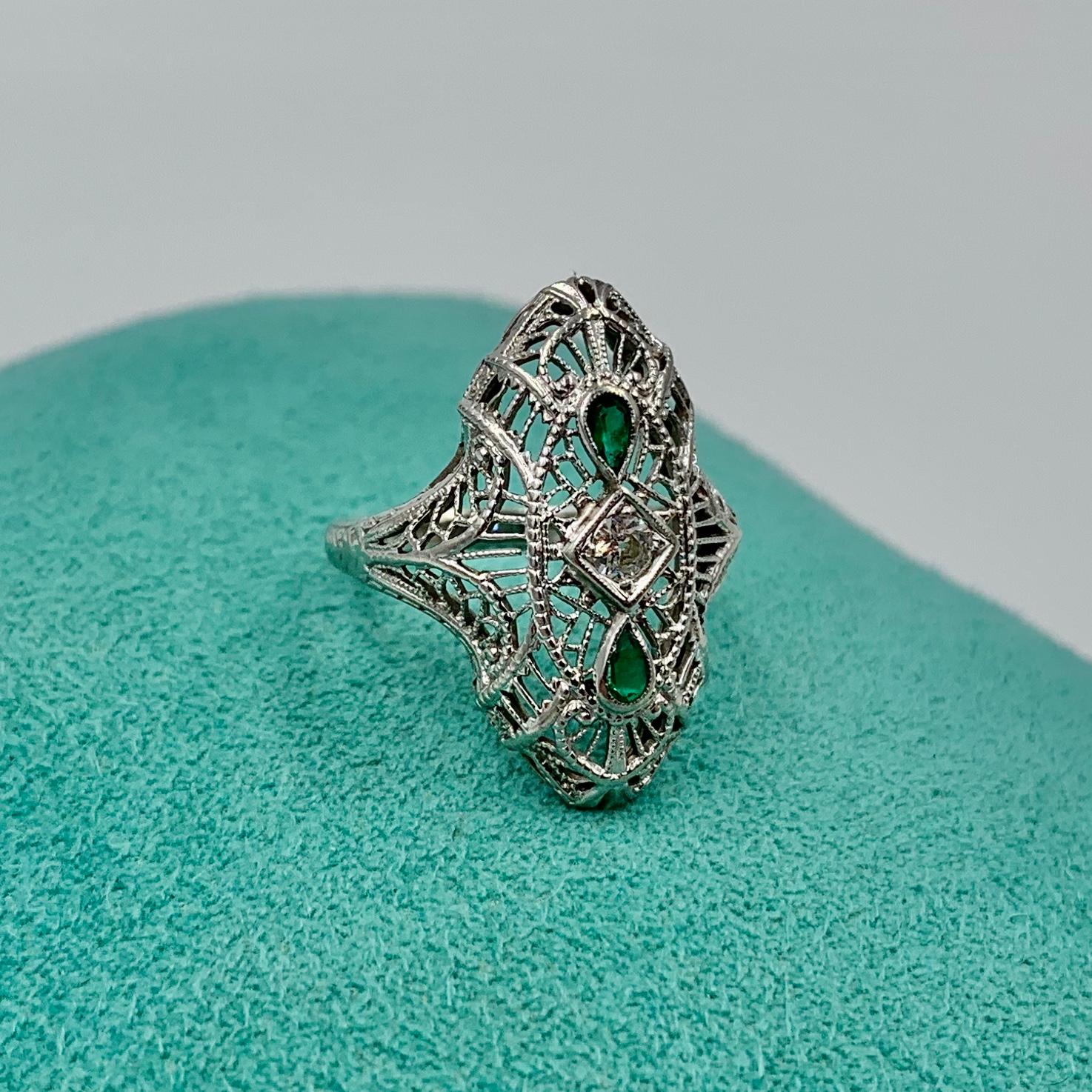 Women's Art Deco Emerald Diamond Wedding Engagement Ring 14 Karat White Gold Edwardian